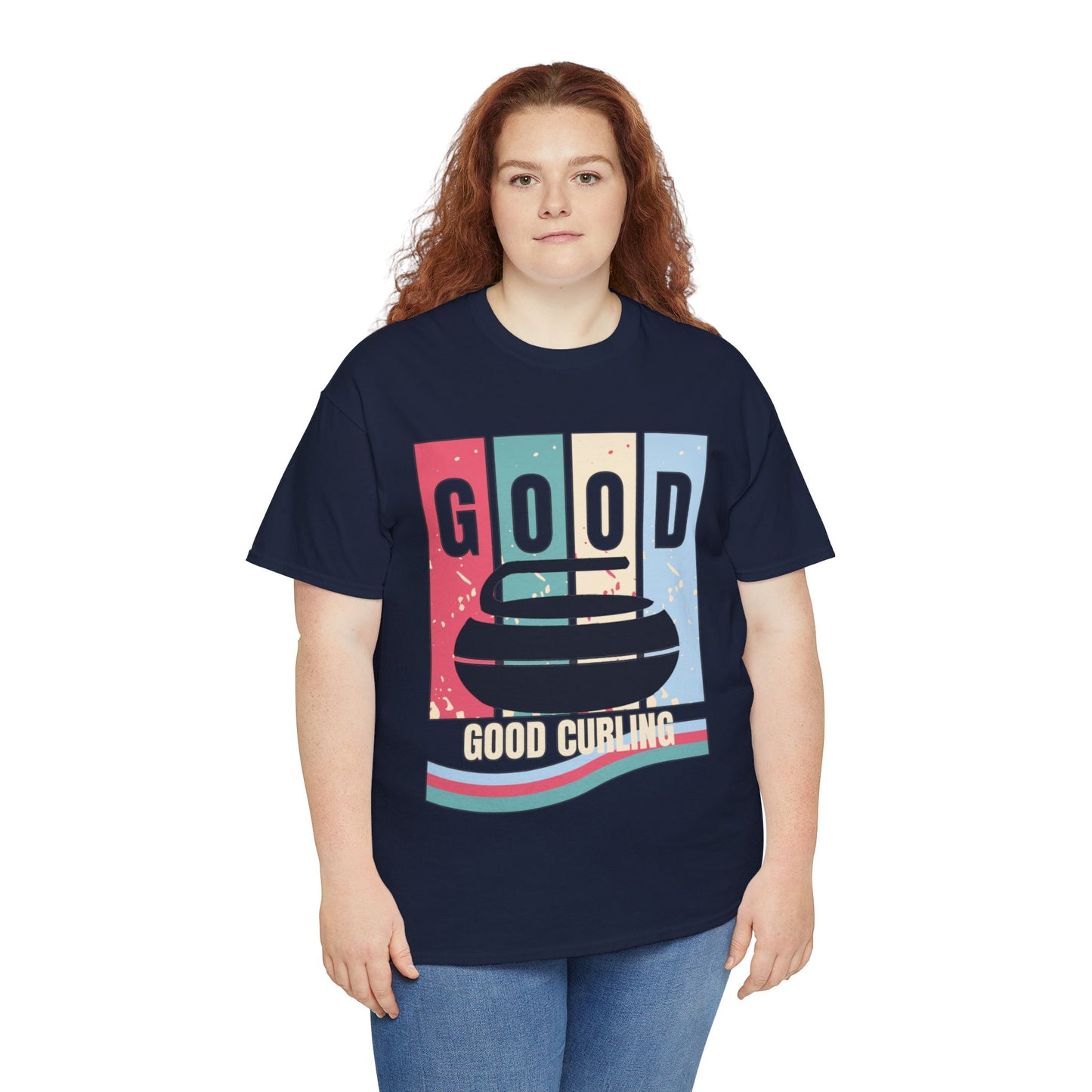 Unisex Heavy Cotton T-Shirt – Retro 4-Color Curling Pattern | Durable & Stylish Graphic Tee