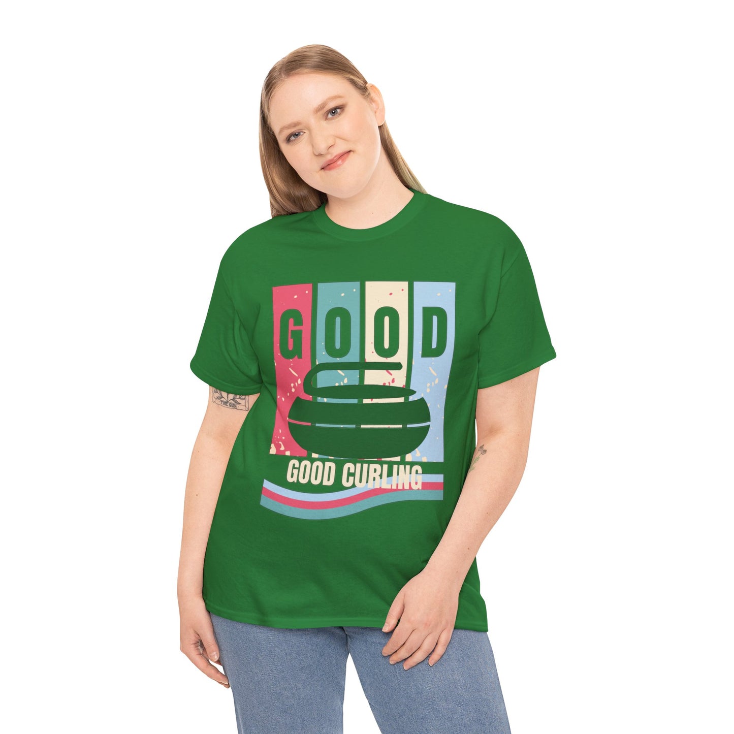 Unisex Heavy Cotton T-Shirt – Retro 4-Color Curling Pattern | Durable & Stylish Graphic Tee