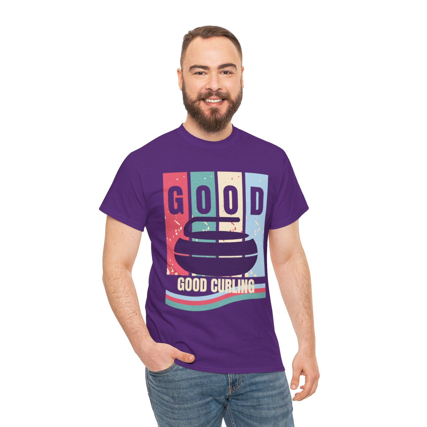 Unisex Heavy Cotton T-Shirt – Retro 4-Color Curling Pattern | Durable & Stylish Graphic Tee
