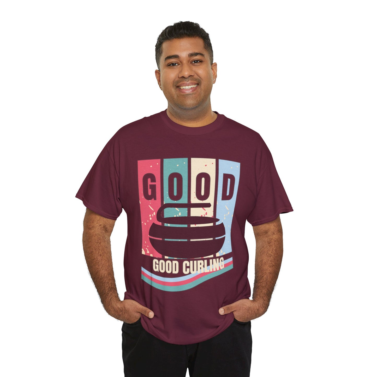 Unisex Heavy Cotton T-Shirt – Retro 4-Color Curling Pattern | Durable & Stylish Graphic Tee