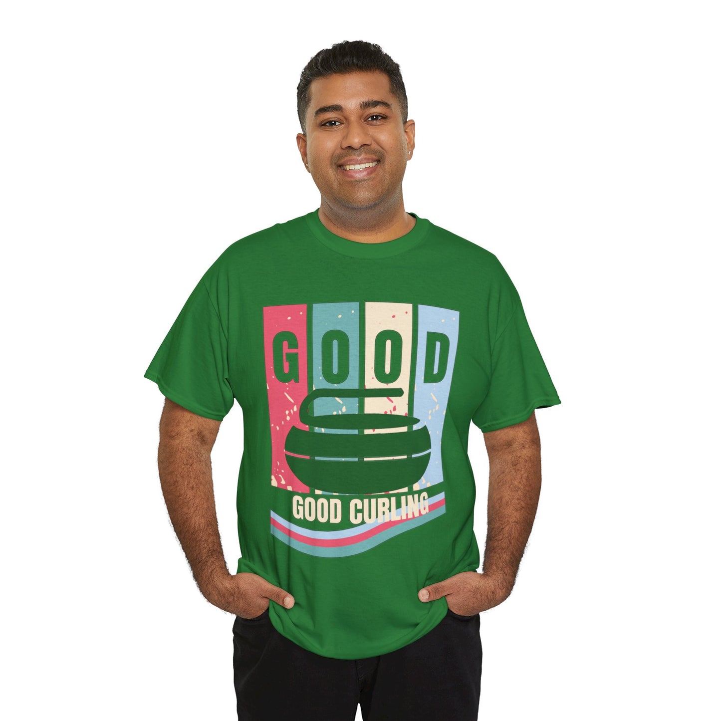 Unisex Heavy Cotton T-Shirt – Retro 4-Color Curling Pattern | Durable & Stylish Graphic Tee