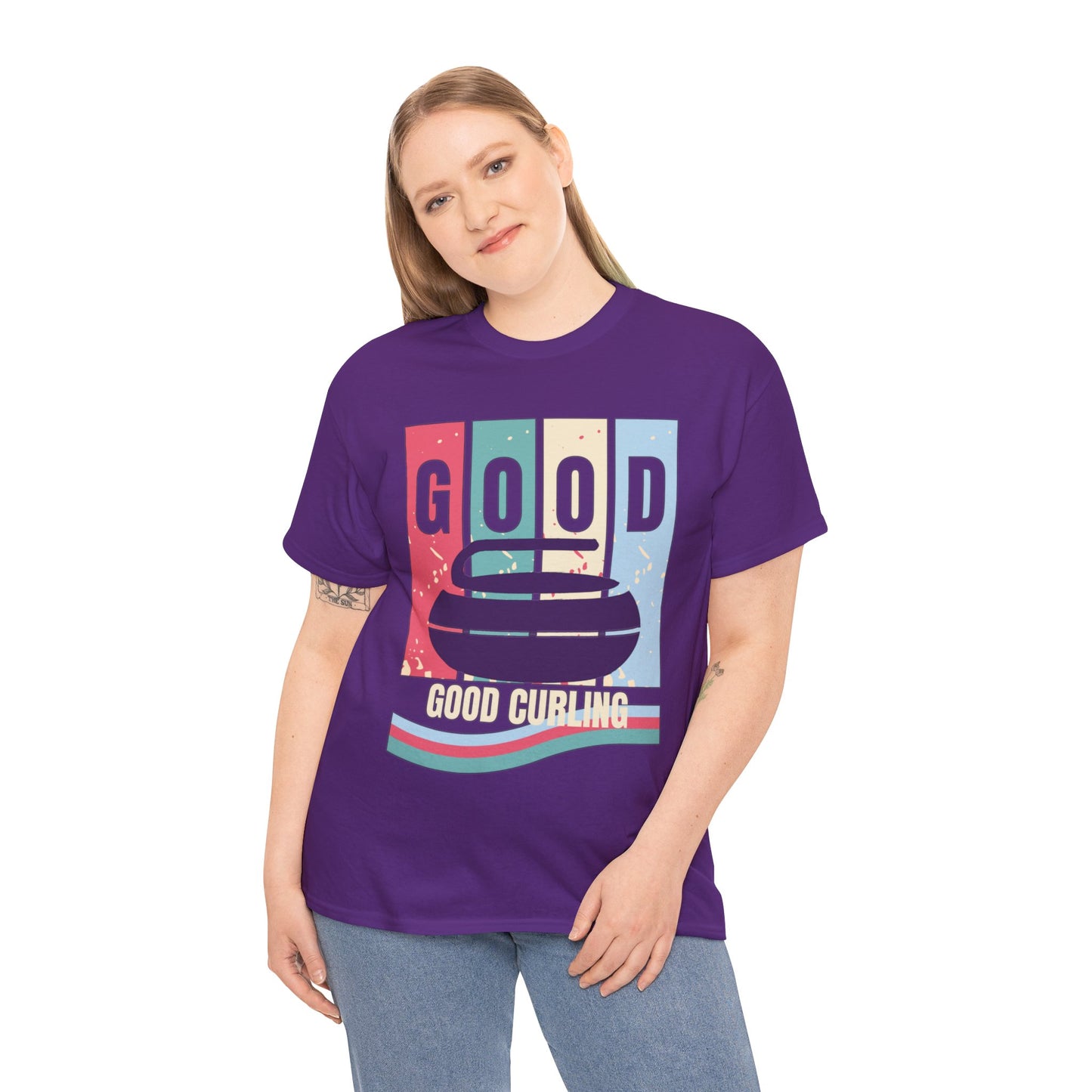 Unisex Heavy Cotton T-Shirt – Retro 4-Color Curling Pattern | Durable & Stylish Graphic Tee