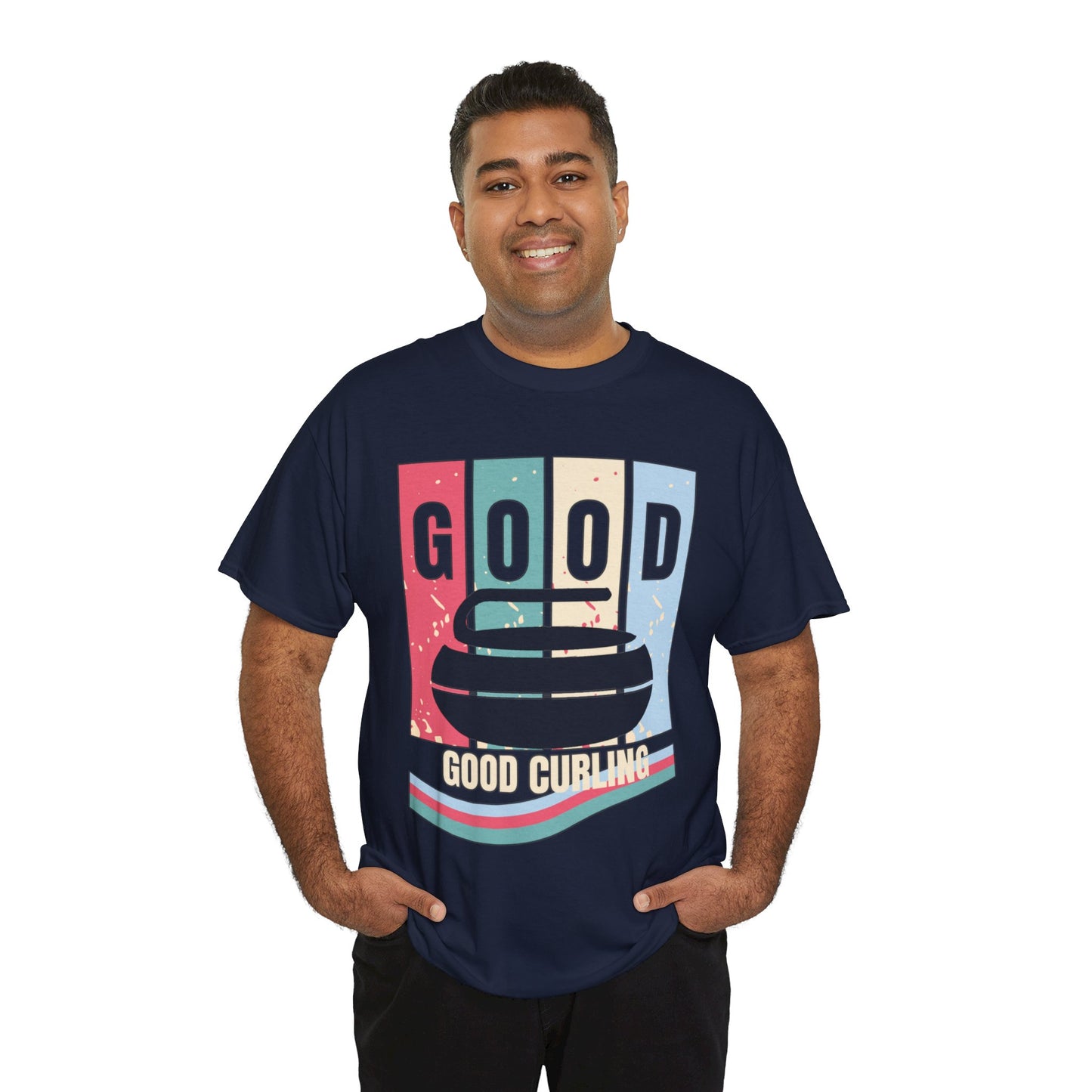 Unisex Heavy Cotton T-Shirt – Retro 4-Color Curling Pattern | Durable & Stylish Graphic Tee