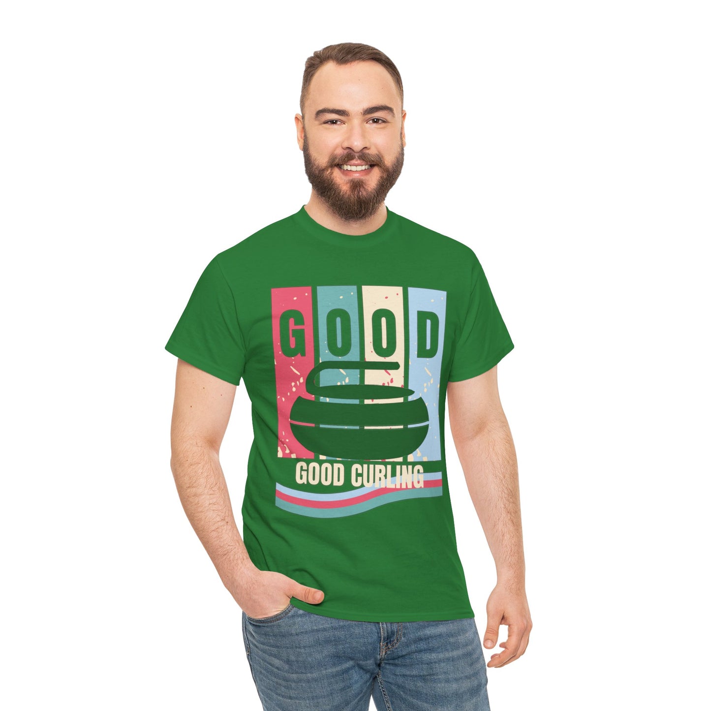 Unisex Heavy Cotton T-Shirt – Retro 4-Color Curling Pattern | Durable & Stylish Graphic Tee