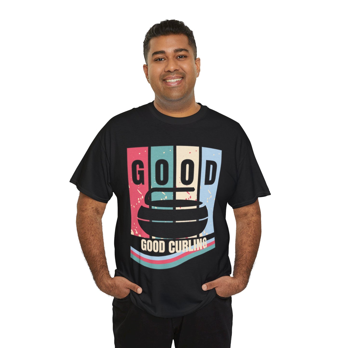 Unisex Heavy Cotton T-Shirt – Retro 4-Color Curling Pattern | Durable & Stylish Graphic Tee