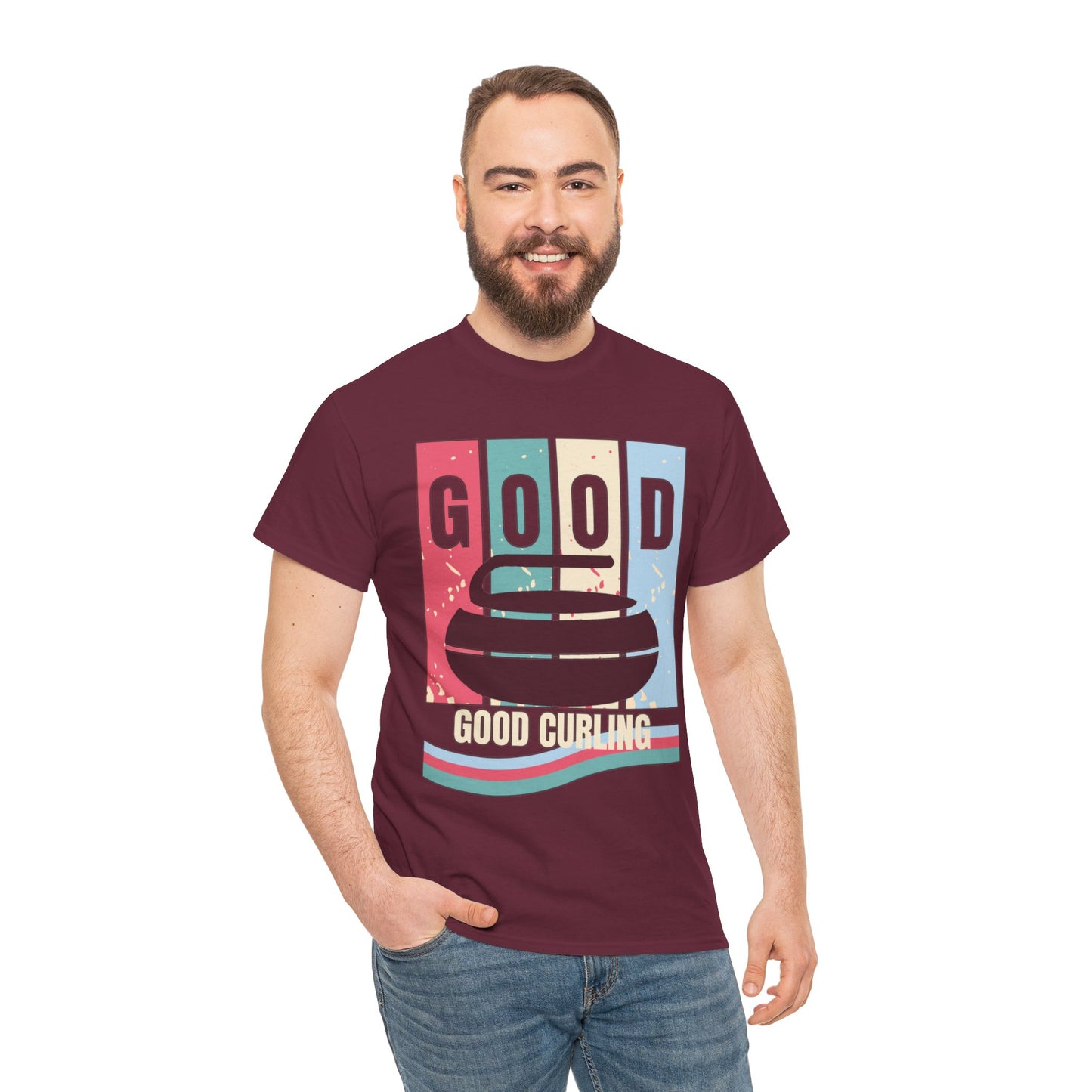 Unisex Heavy Cotton T-Shirt – Retro 4-Color Curling Pattern | Durable & Stylish Graphic Tee