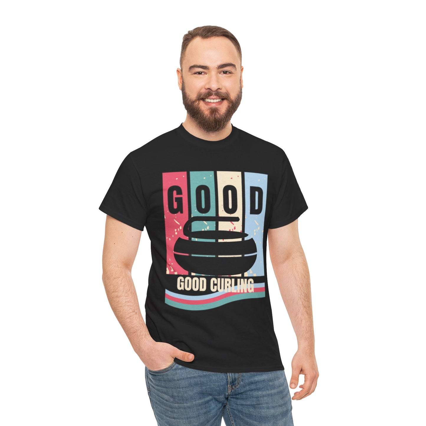 Unisex Heavy Cotton T-Shirt – Retro 4-Color Curling Pattern | Durable & Stylish Graphic Tee