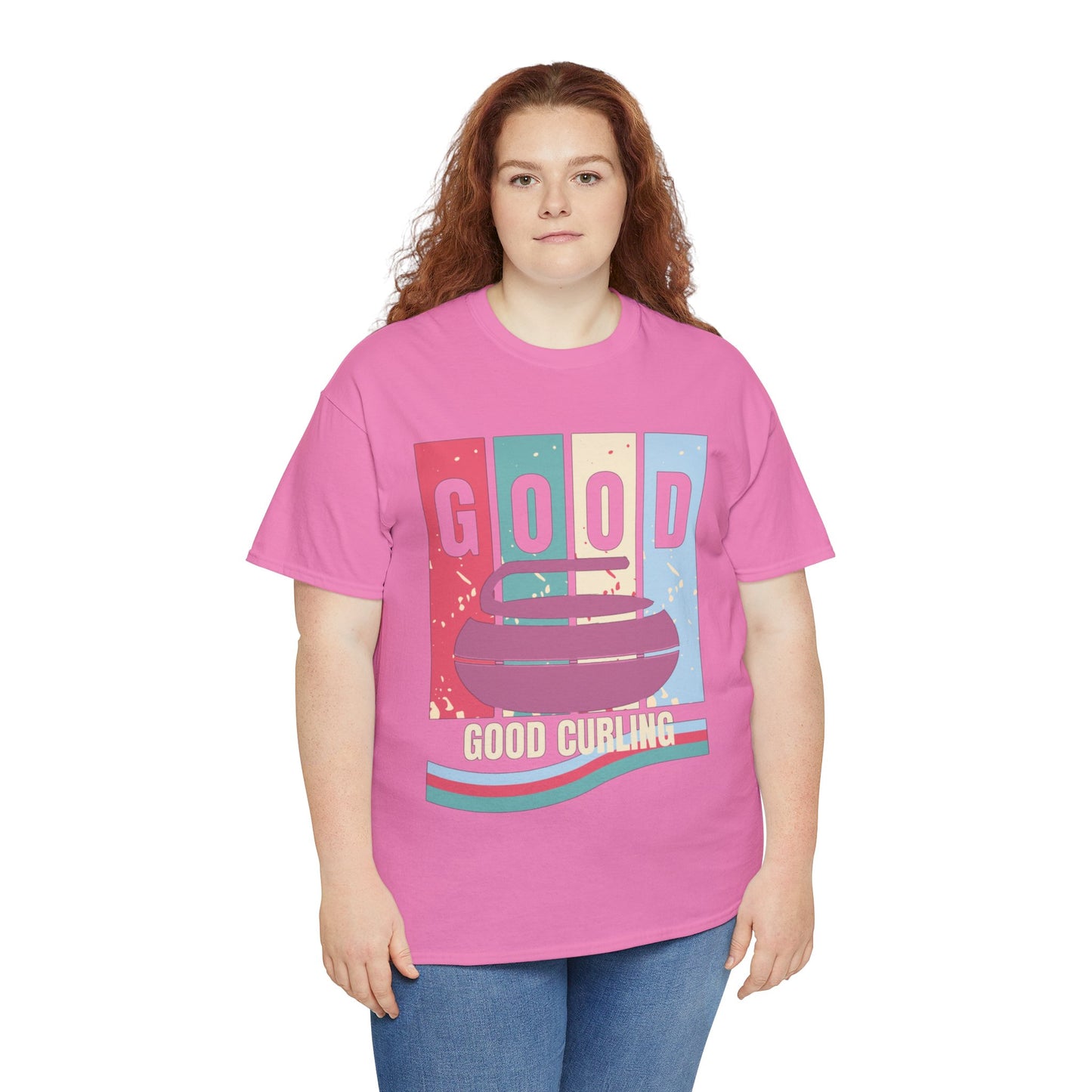 Unisex Heavy Cotton T-Shirt – Retro 4-Color Curling Pattern | Durable & Stylish Graphic Tee