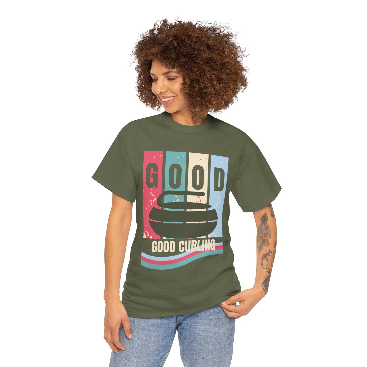 Unisex Heavy Cotton T-Shirt – Retro 4-Color Curling Pattern | Durable & Stylish Graphic Tee
