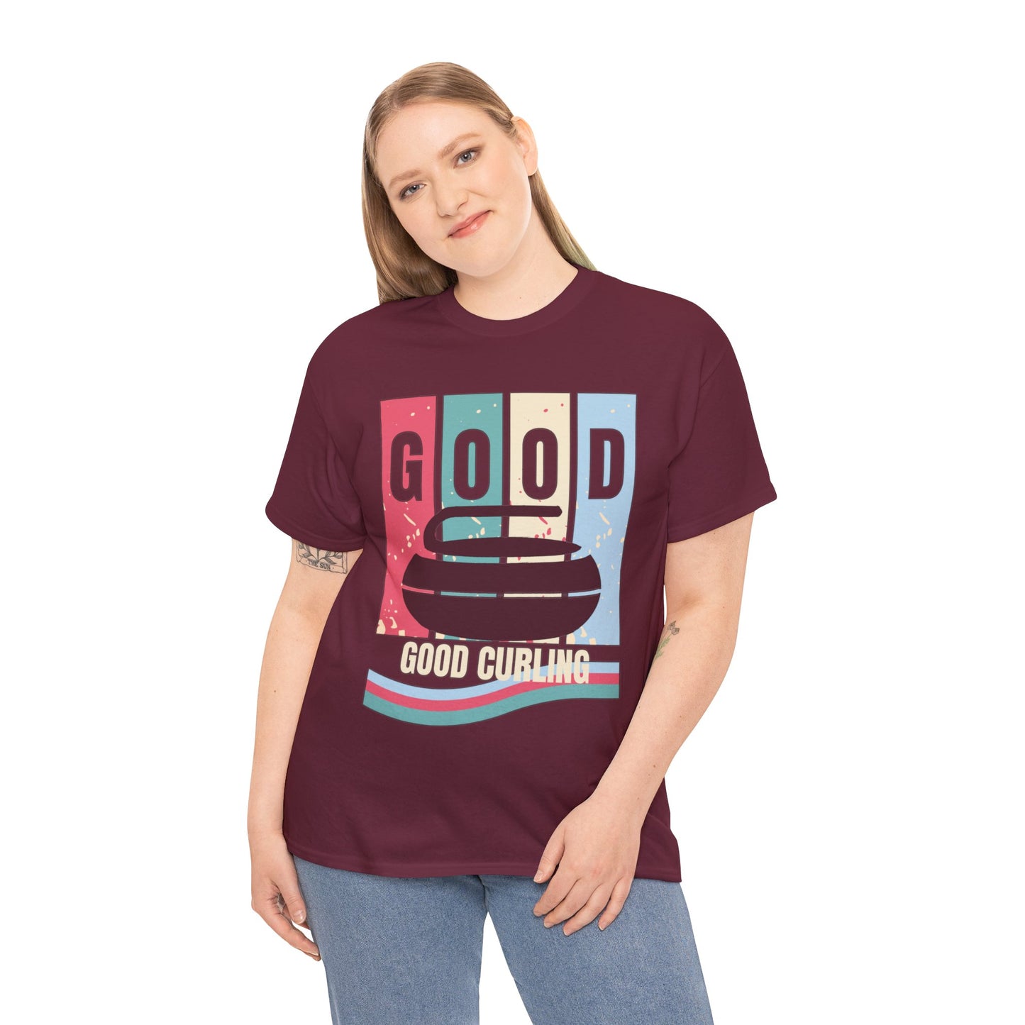 Unisex Heavy Cotton T-Shirt – Retro 4-Color Curling Pattern | Durable & Stylish Graphic Tee