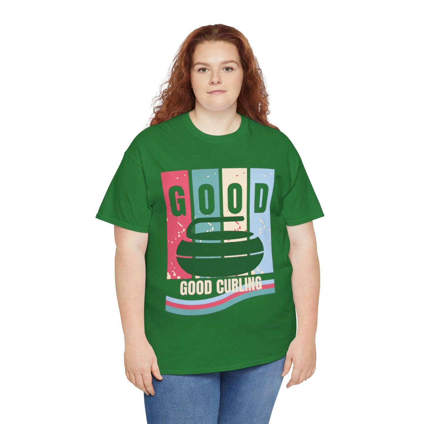 Unisex Heavy Cotton T-Shirt – Retro 4-Color Curling Pattern | Durable & Stylish Graphic Tee