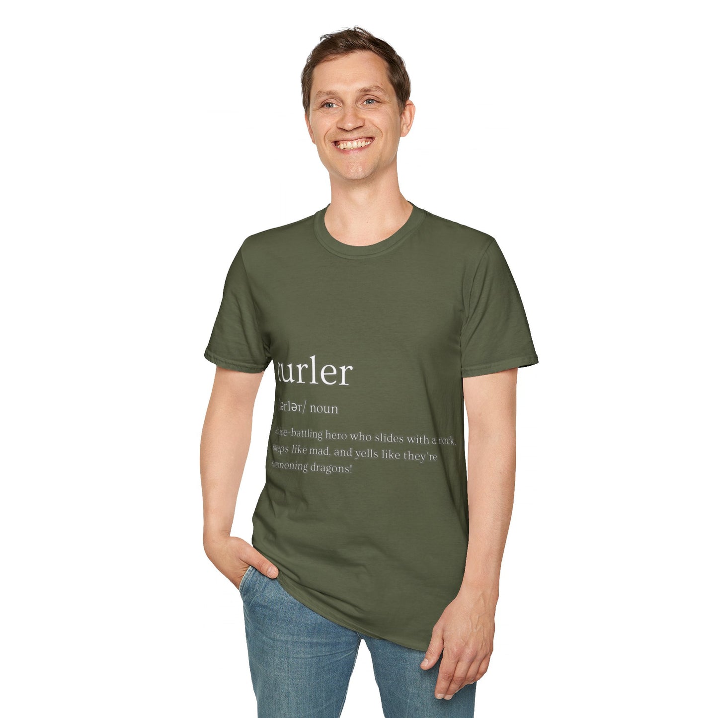 Unisex Softstyle Curling T-Shirt – Ice-Battling Hero Design | 100% Ring-Spun Cotton, Lightweight & Comfortable