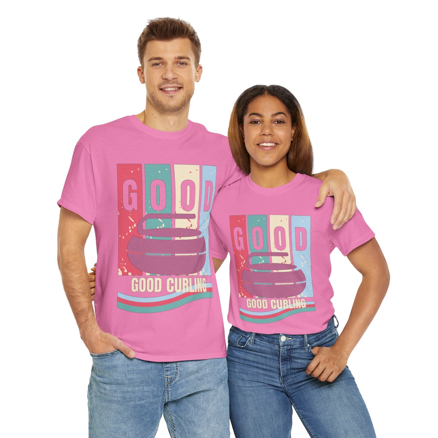 Unisex Heavy Cotton T-Shirt – Retro 4-Color Curling Pattern | Durable & Stylish Graphic Tee