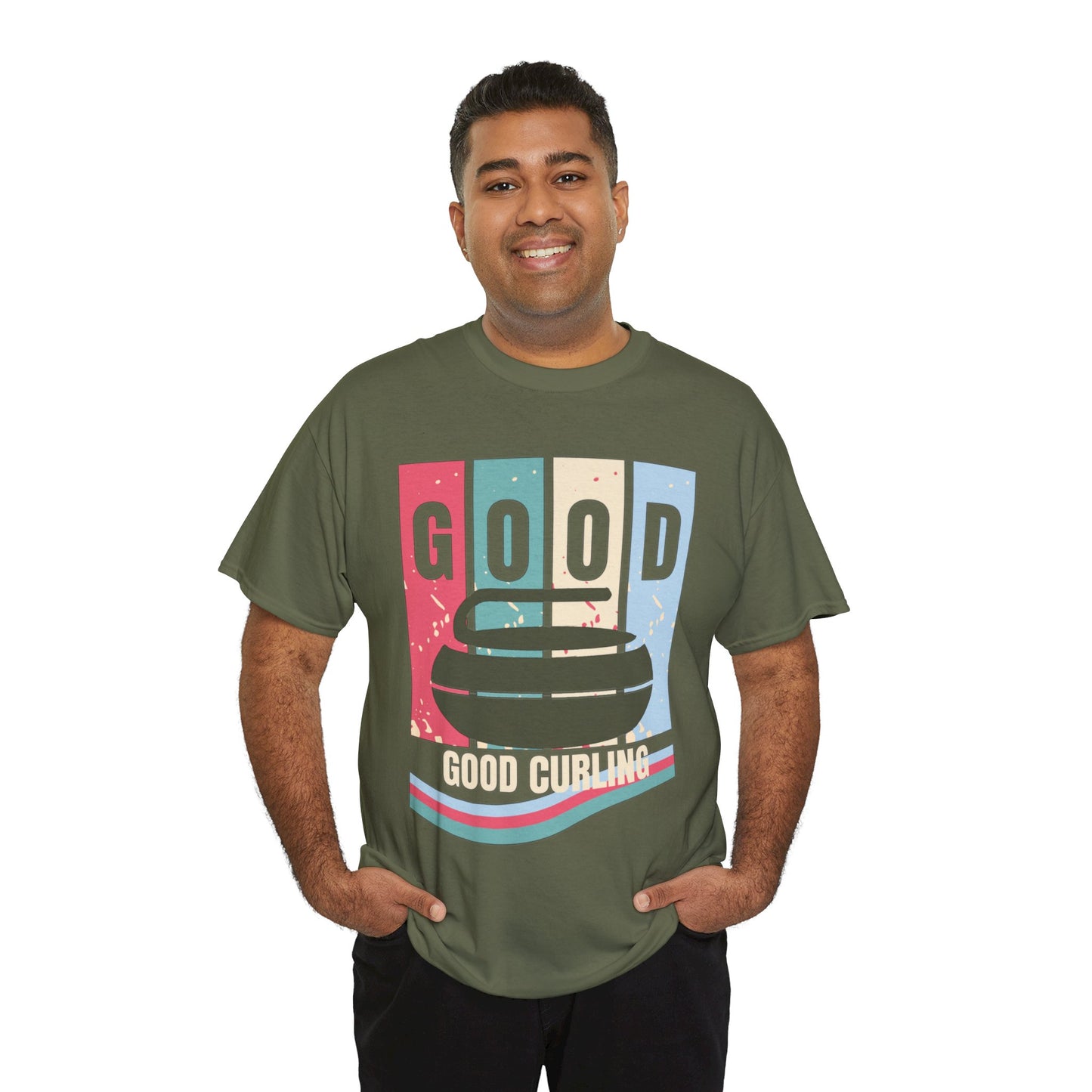 Unisex Heavy Cotton T-Shirt – Retro 4-Color Curling Pattern | Durable & Stylish Graphic Tee