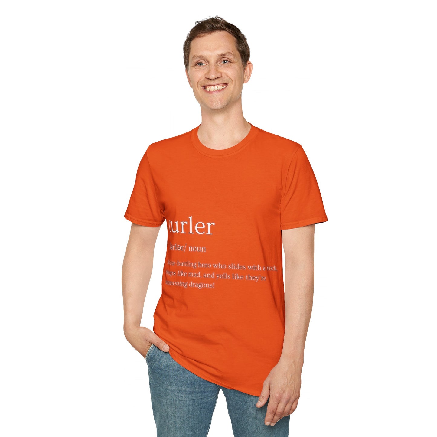 Unisex Softstyle Curling T-Shirt – Ice-Battling Hero Design | 100% Ring-Spun Cotton, Lightweight & Comfortable