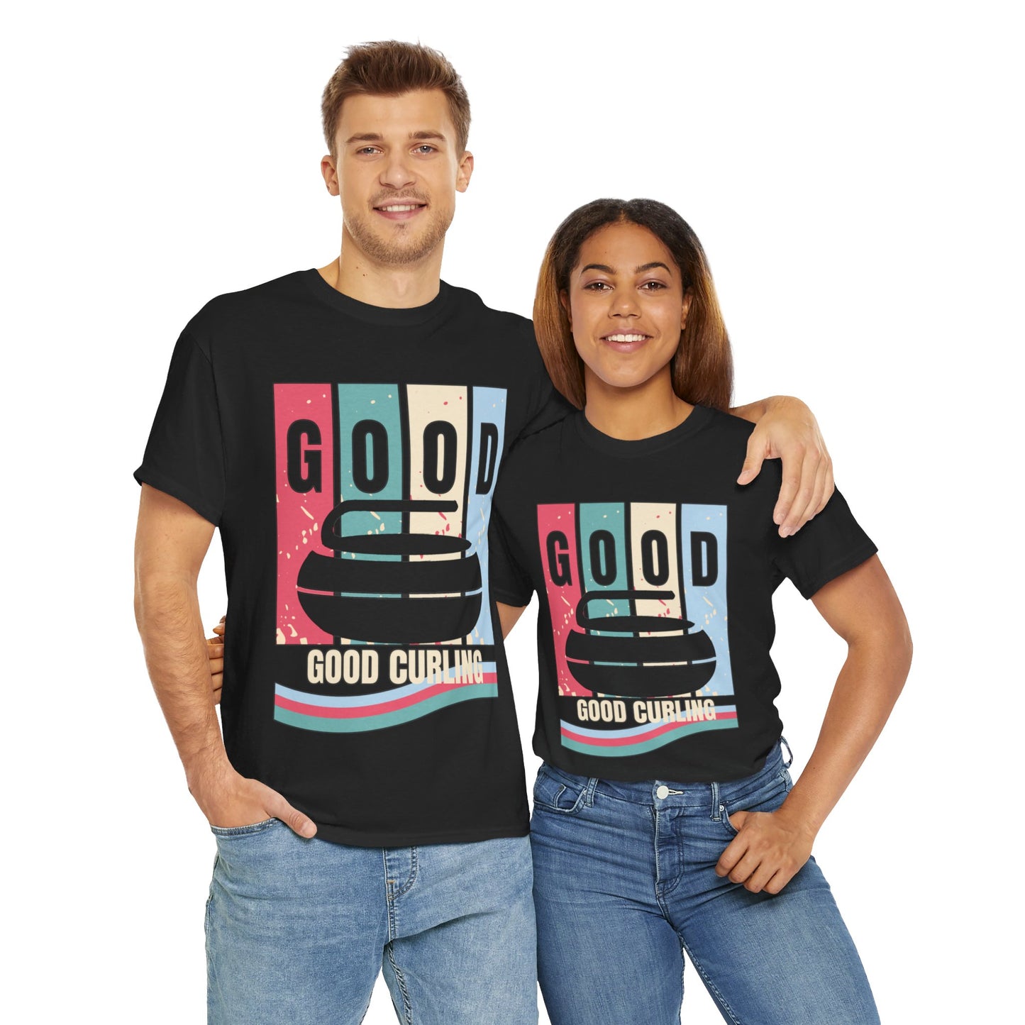 Unisex Heavy Cotton T-Shirt – Retro 4-Color Curling Pattern | Durable & Stylish Graphic Tee