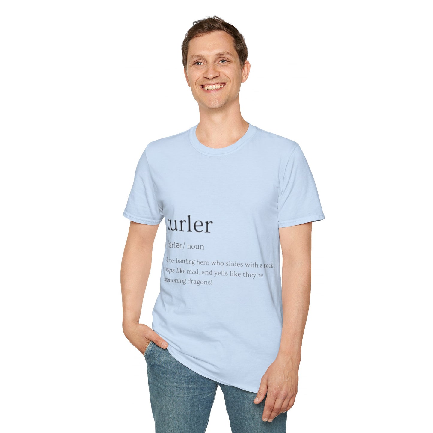 Unisex Softstyle Curling T-Shirt – Ice-Battling Hero Design | 100% Ring-Spun Cotton, Lightweight & Comfortable