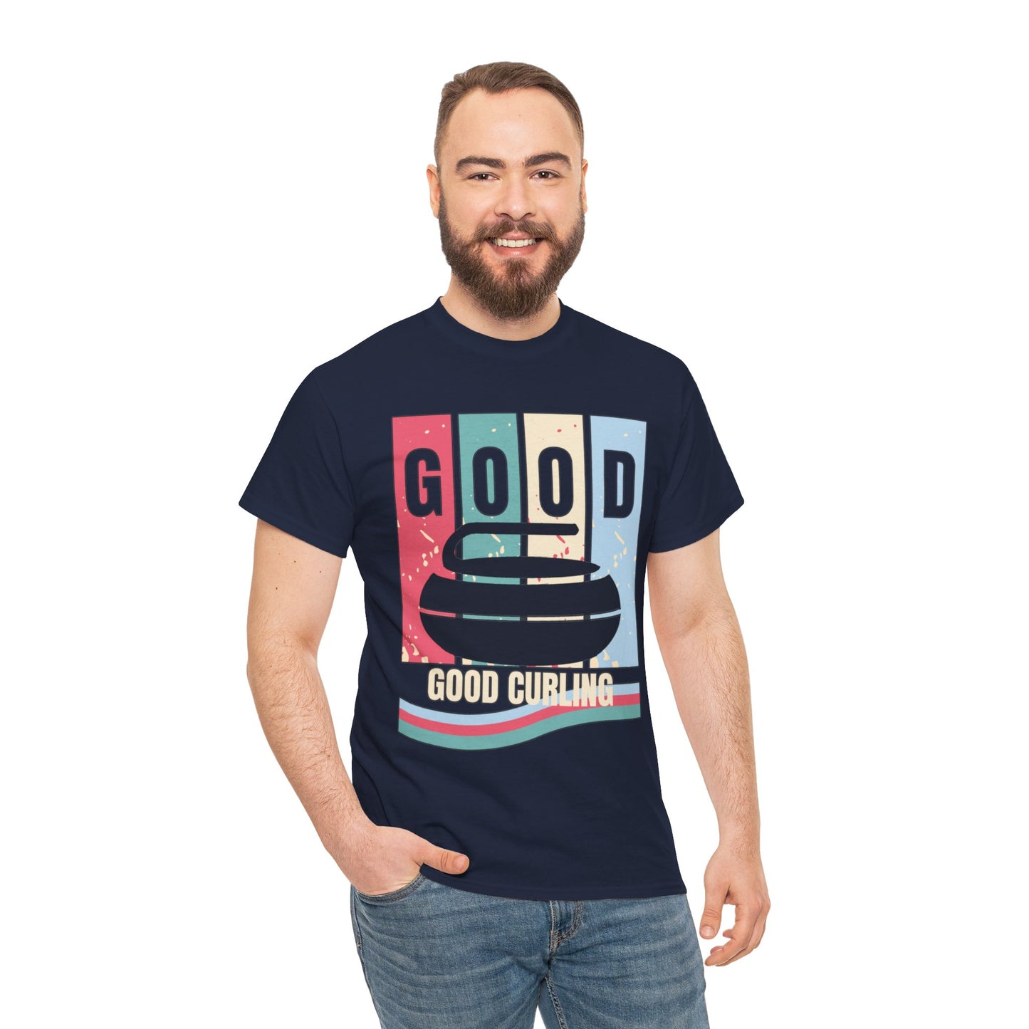 Unisex Heavy Cotton T-Shirt – Retro 4-Color Curling Pattern | Durable & Stylish Graphic Tee