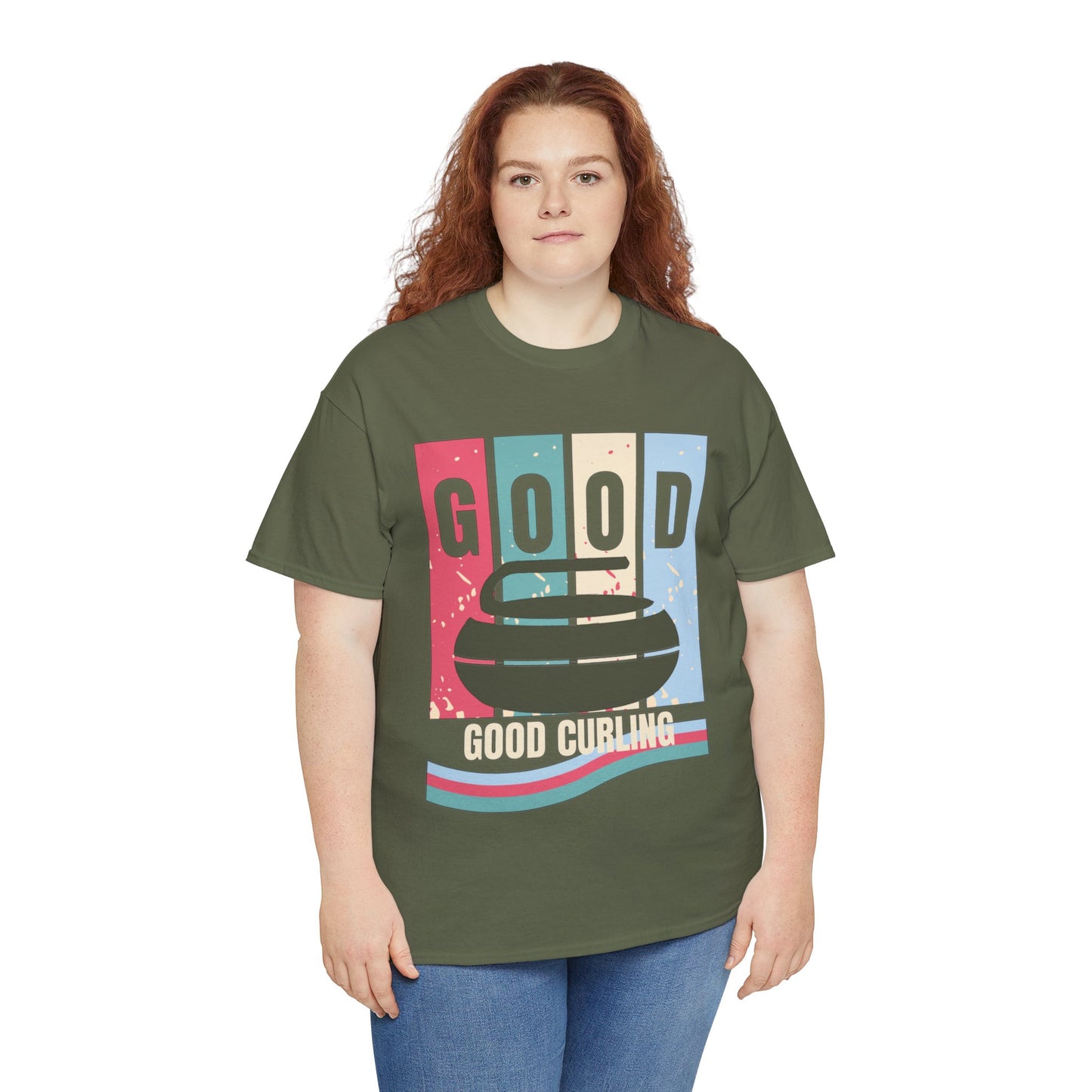 Unisex Heavy Cotton T-Shirt – Retro 4-Color Curling Pattern | Durable & Stylish Graphic Tee