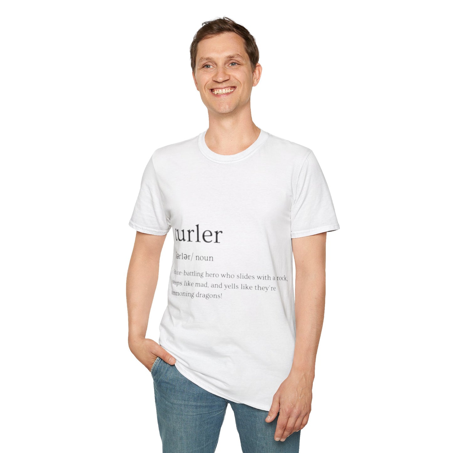 Unisex Softstyle Curling T-Shirt – Ice-Battling Hero Design | 100% Ring-Spun Cotton, Lightweight & Comfortable