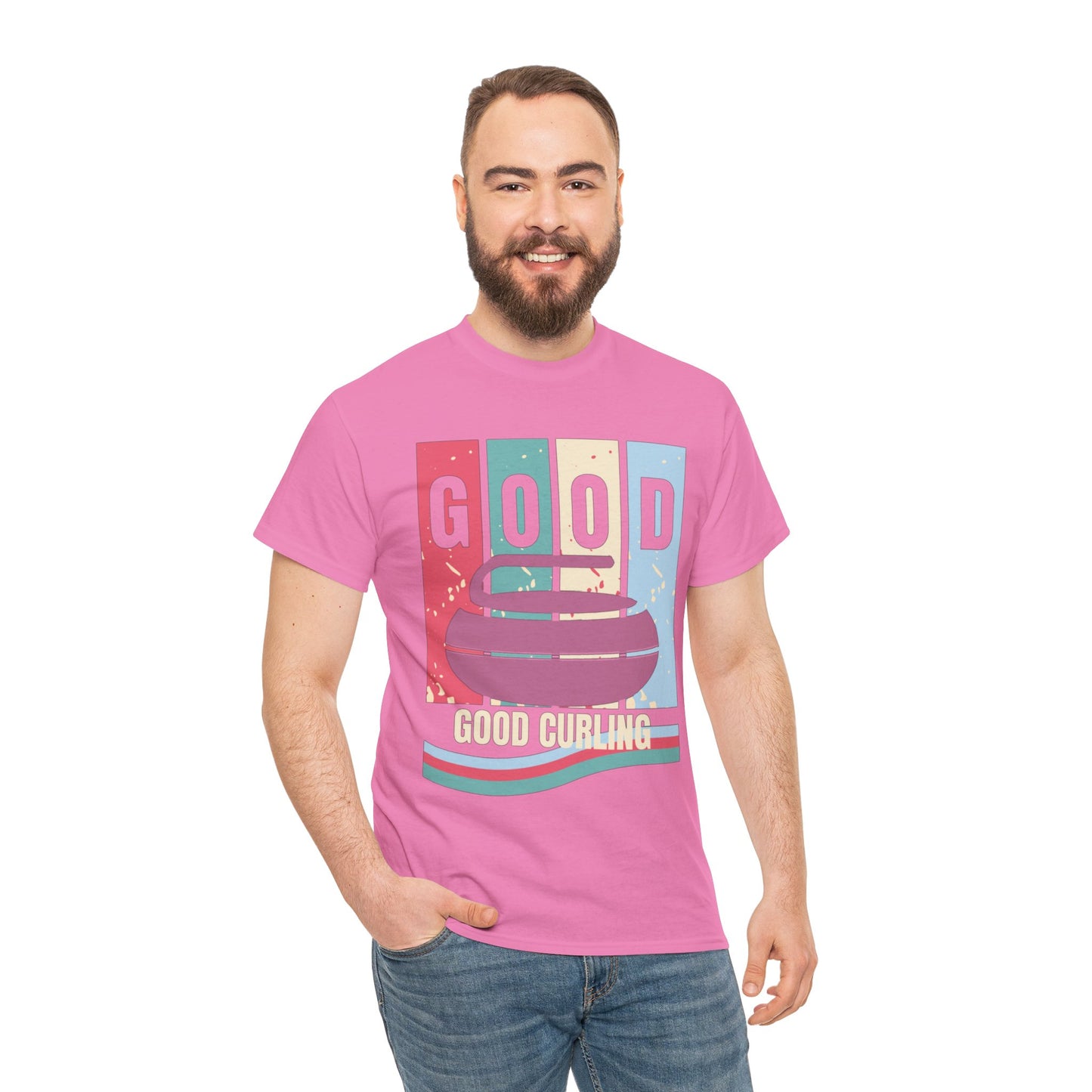 Unisex Heavy Cotton T-Shirt – Retro 4-Color Curling Pattern | Durable & Stylish Graphic Tee