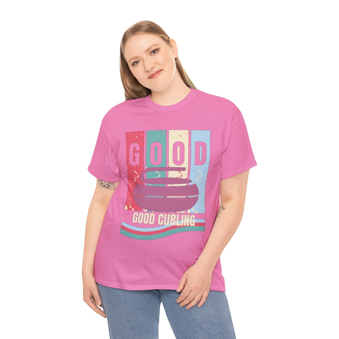 Unisex Heavy Cotton T-Shirt – Retro 4-Color Curling Pattern | Durable & Stylish Graphic Tee