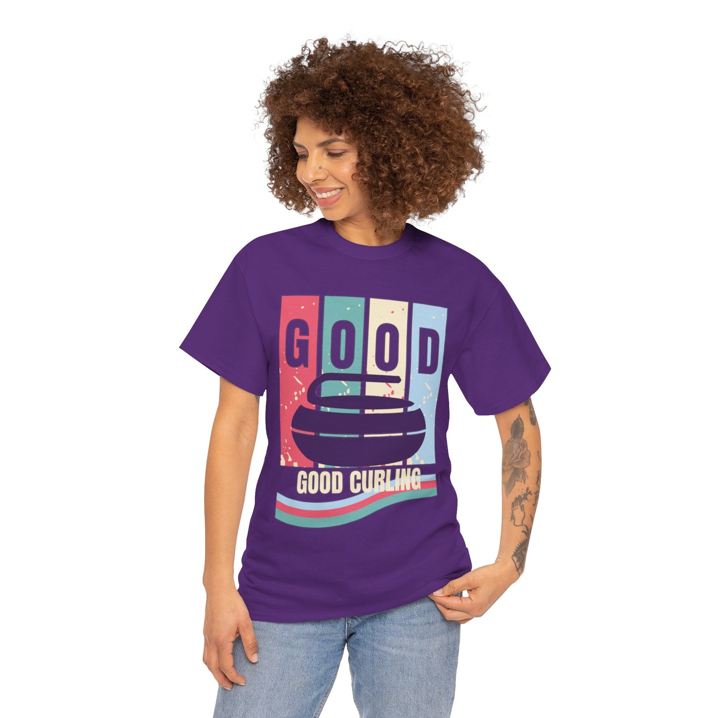 Unisex Heavy Cotton T-Shirt – Retro 4-Color Curling Pattern | Durable & Stylish Graphic Tee