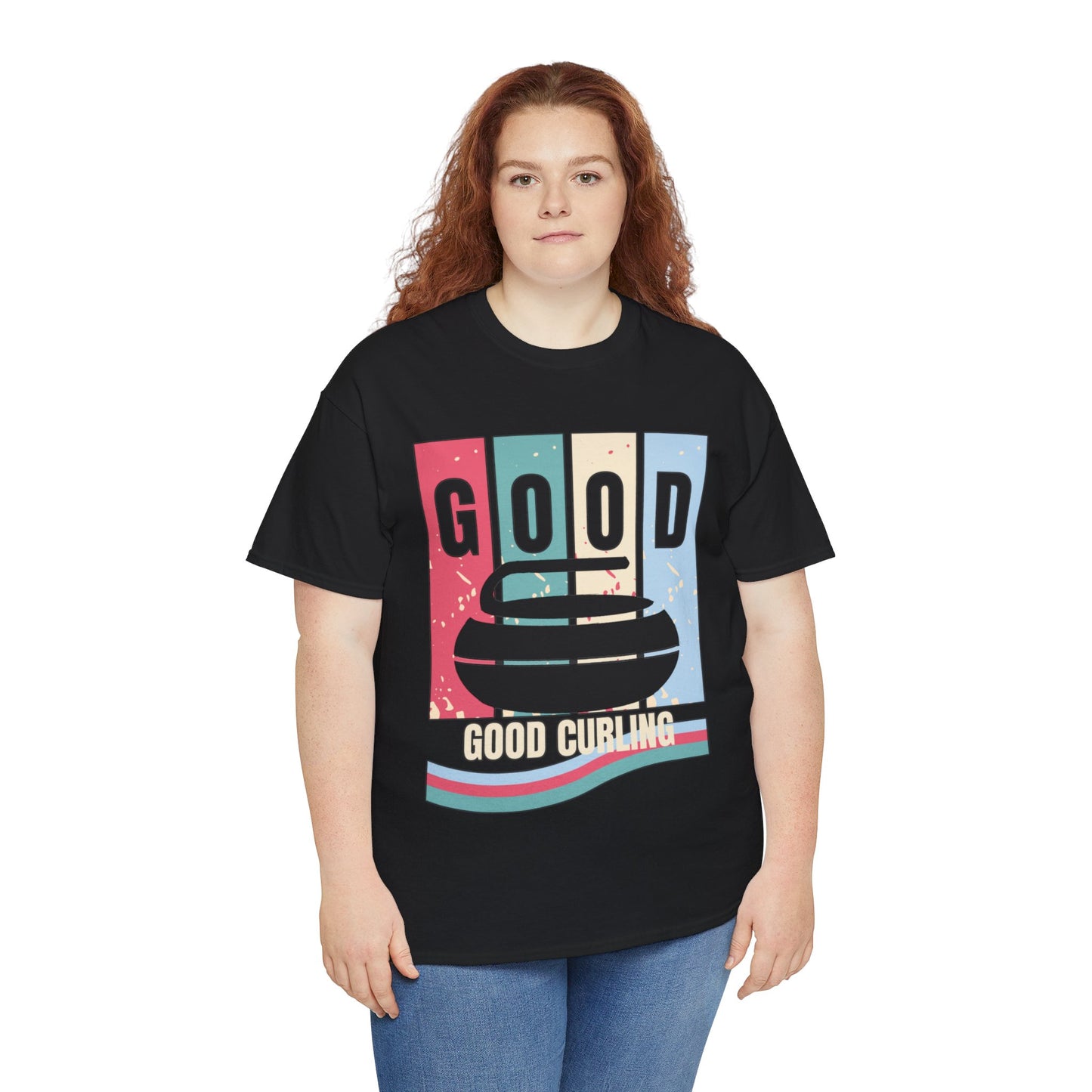Unisex Heavy Cotton T-Shirt – Retro 4-Color Curling Pattern | Durable & Stylish Graphic Tee