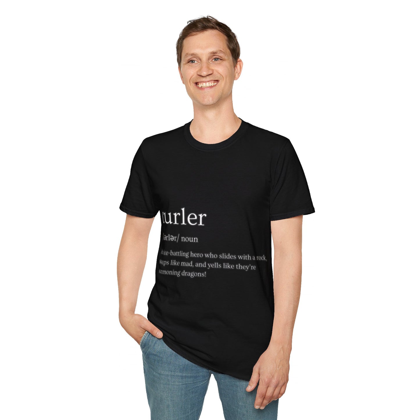 Unisex Softstyle Curling T-Shirt – Ice-Battling Hero Design | 100% Ring-Spun Cotton, Lightweight & Comfortable