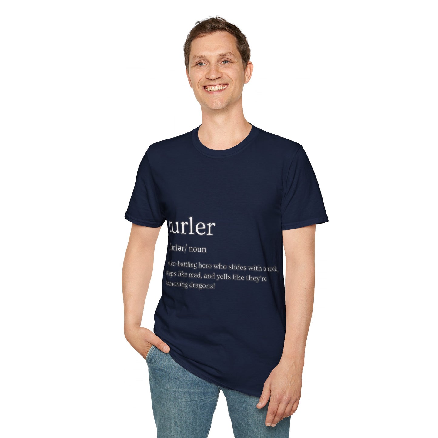 Unisex Softstyle Curling T-Shirt – Ice-Battling Hero Design | 100% Ring-Spun Cotton, Lightweight & Comfortable