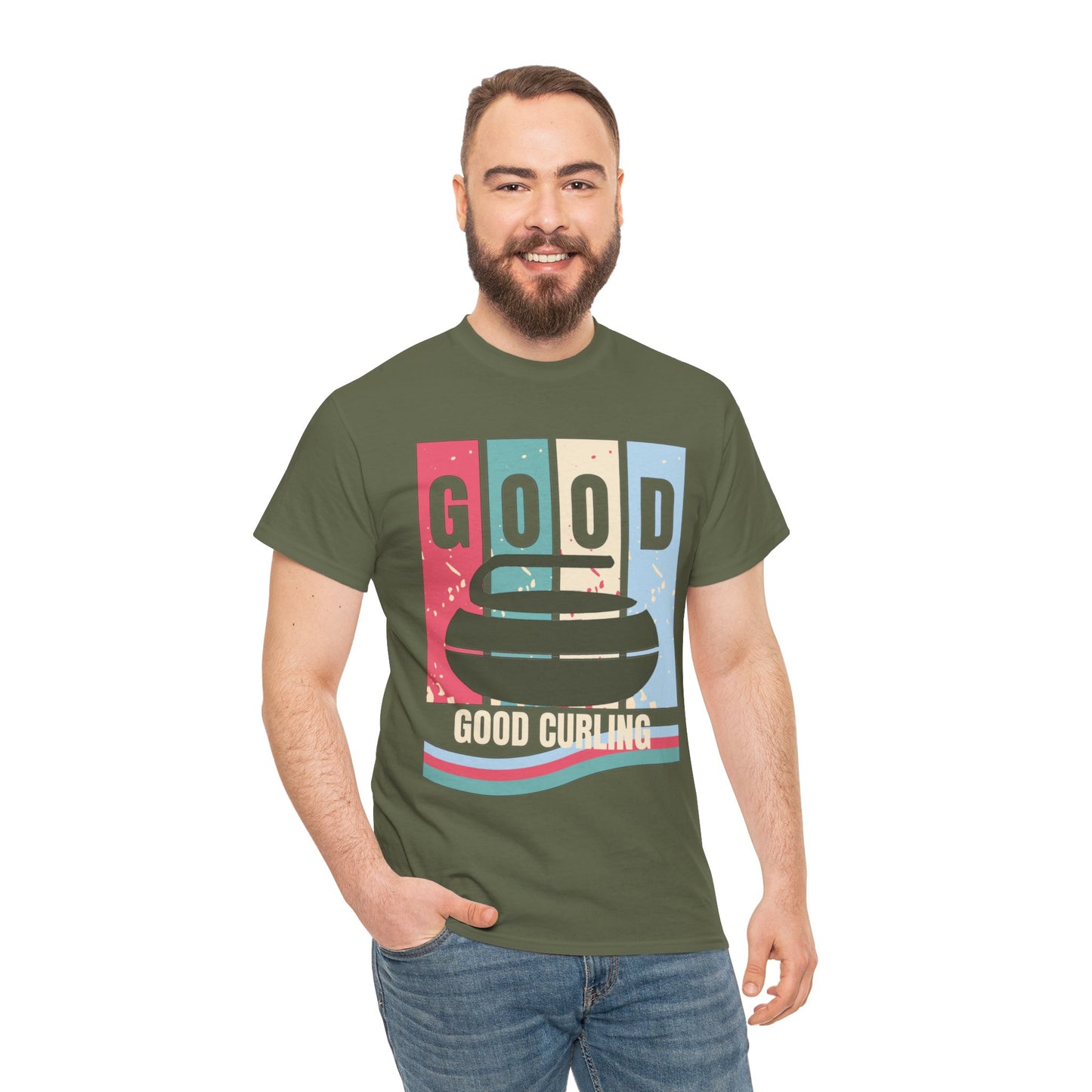 Unisex Heavy Cotton T-Shirt – Retro 4-Color Curling Pattern | Durable & Stylish Graphic Tee
