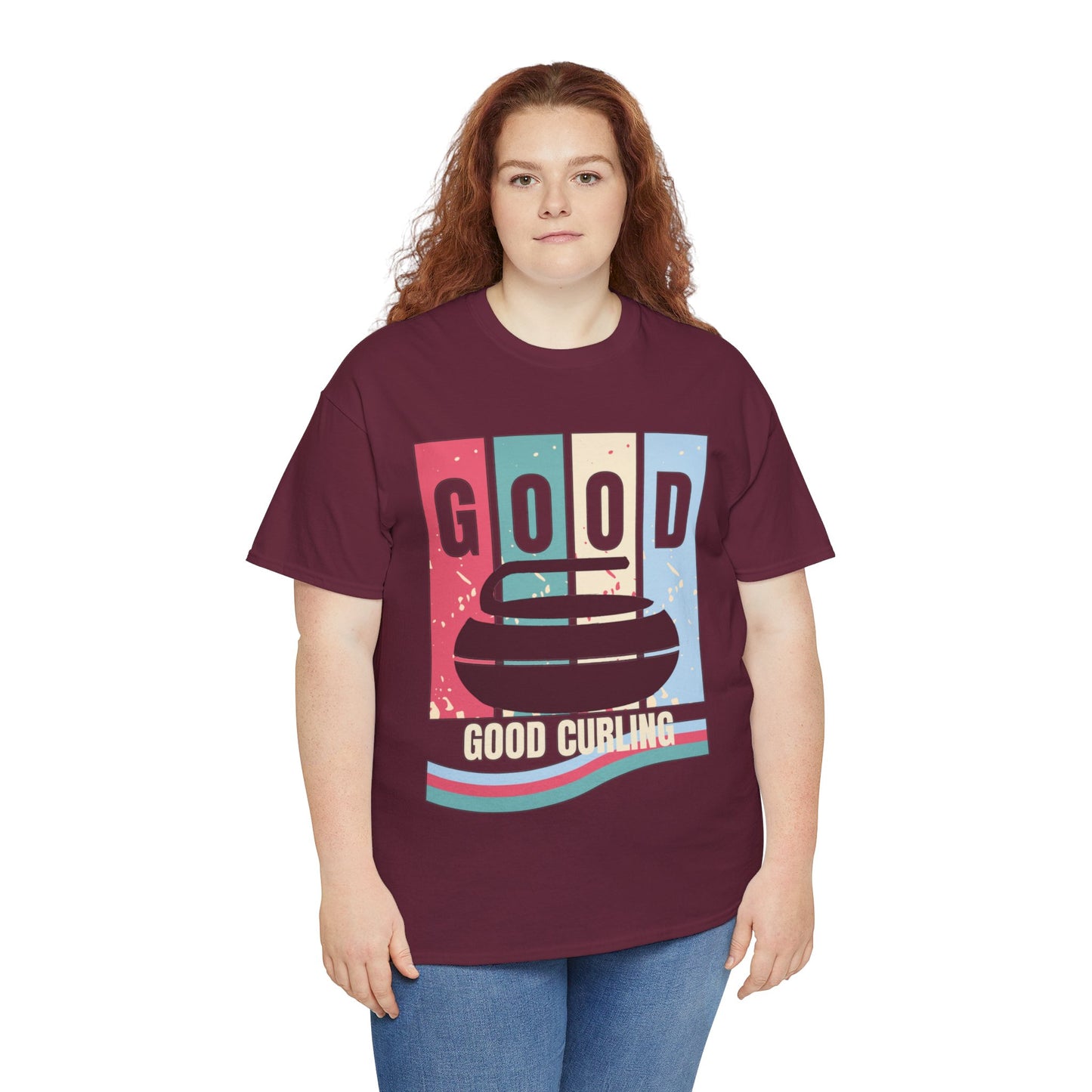 Unisex Heavy Cotton T-Shirt – Retro 4-Color Curling Pattern | Durable & Stylish Graphic Tee