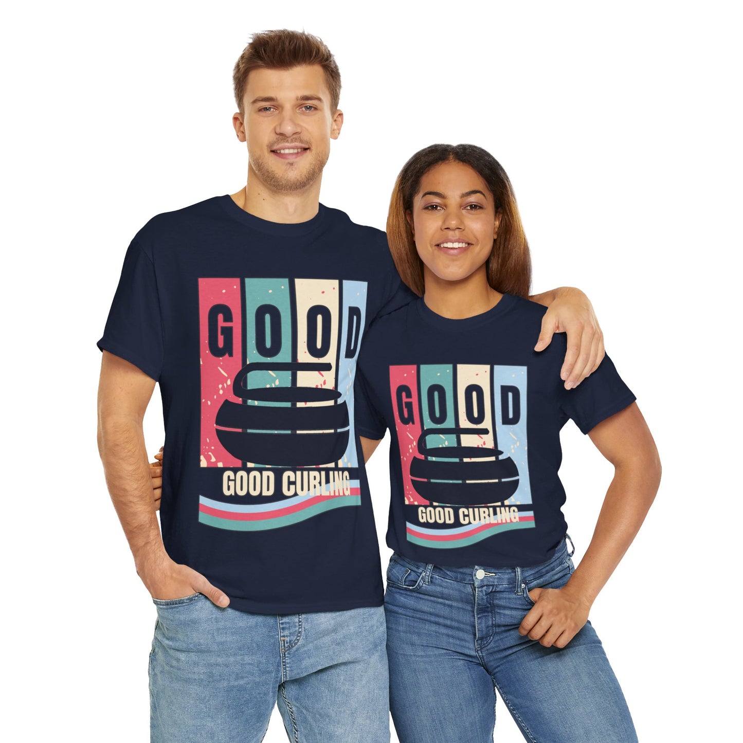Unisex Heavy Cotton T-Shirt – Retro 4-Color Curling Pattern | Durable & Stylish Graphic Tee