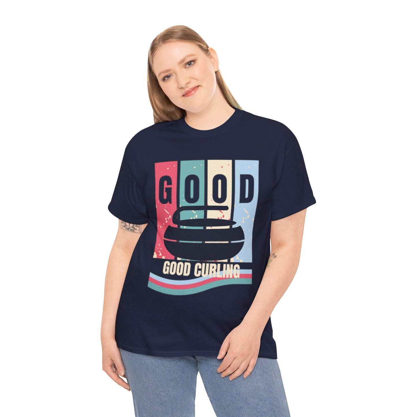 Unisex Heavy Cotton T-Shirt – Retro 4-Color Curling Pattern | Durable & Stylish Graphic Tee