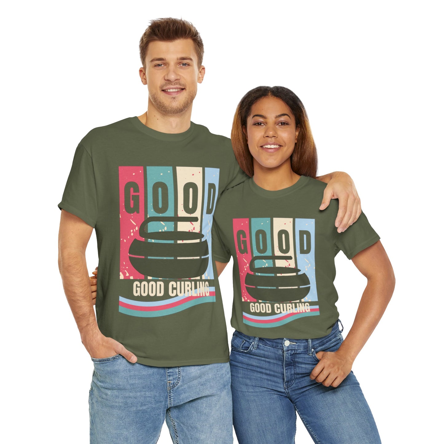 Unisex Heavy Cotton T-Shirt – Retro 4-Color Curling Pattern | Durable & Stylish Graphic Tee