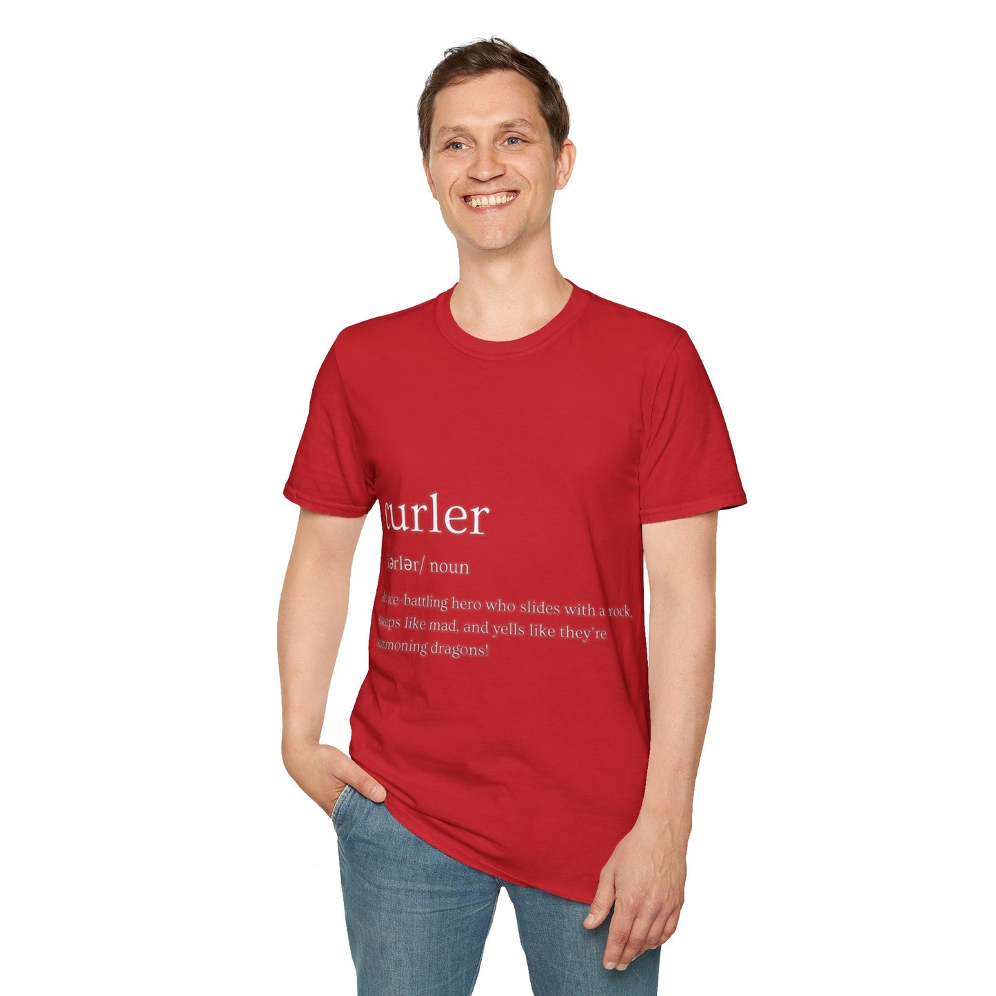 Unisex Softstyle Curling T-Shirt – Ice-Battling Hero Design | 100% Ring-Spun Cotton, Lightweight & Comfortable