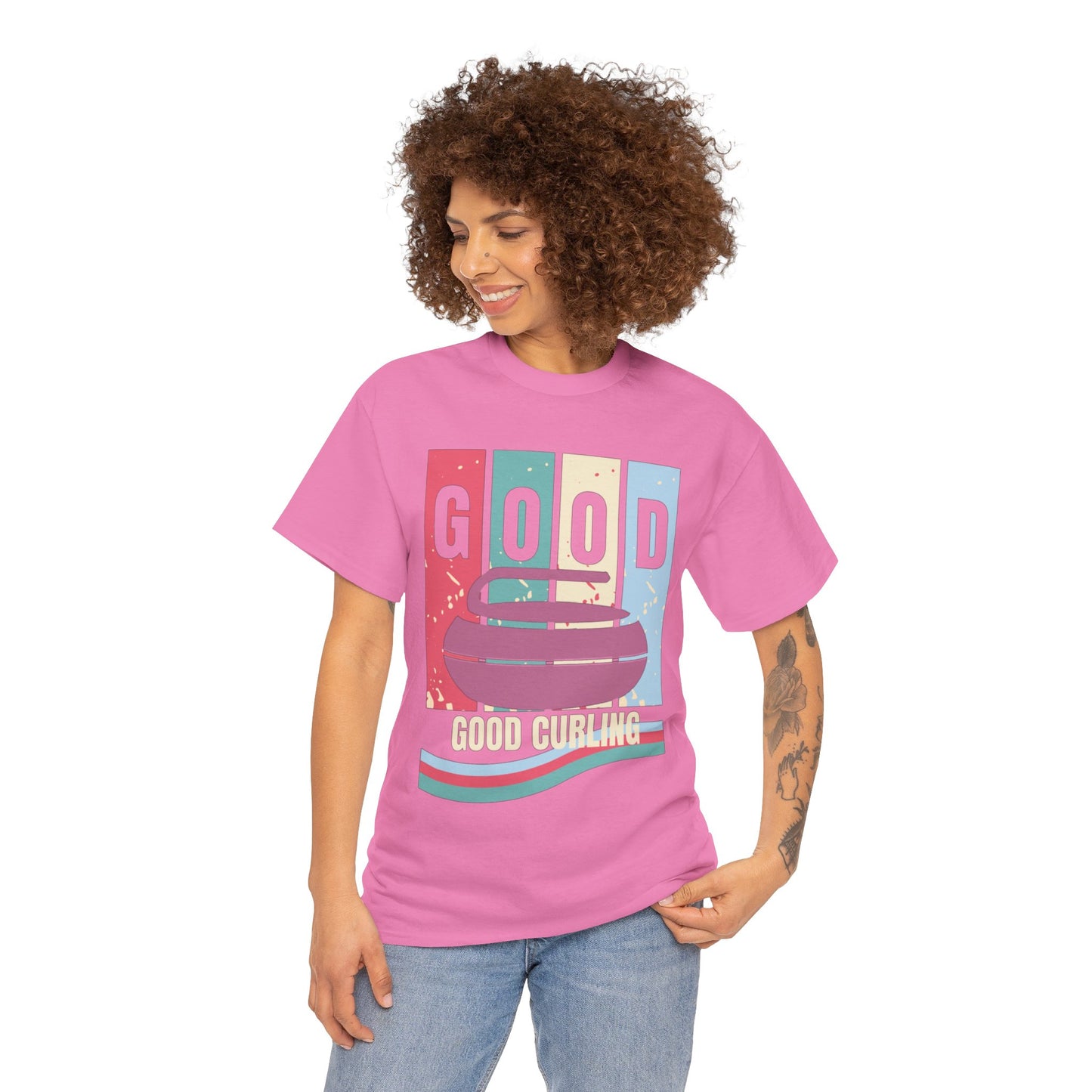 Unisex Heavy Cotton T-Shirt – Retro 4-Color Curling Pattern | Durable & Stylish Graphic Tee
