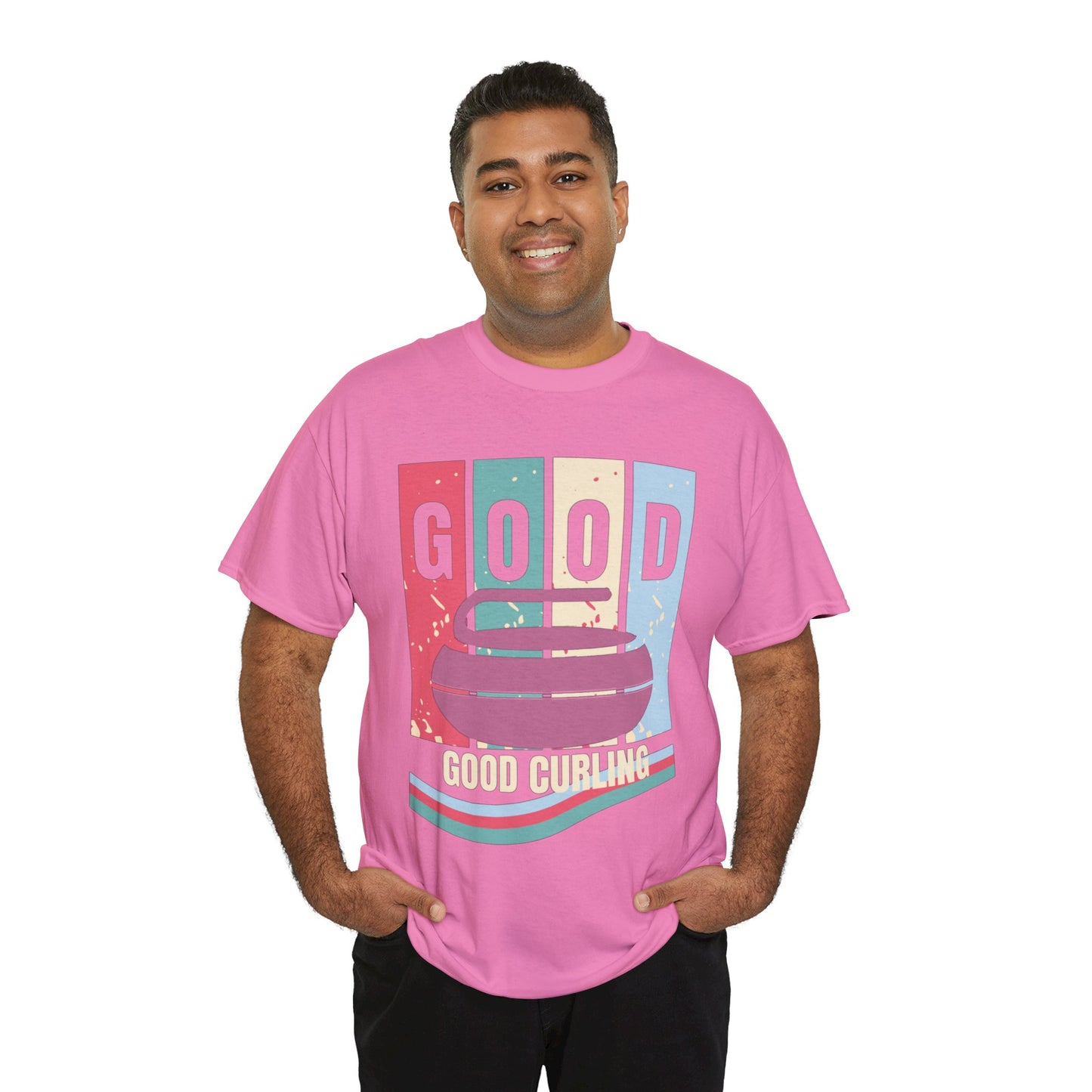 Unisex Heavy Cotton T-Shirt – Retro 4-Color Curling Pattern | Durable & Stylish Graphic Tee
