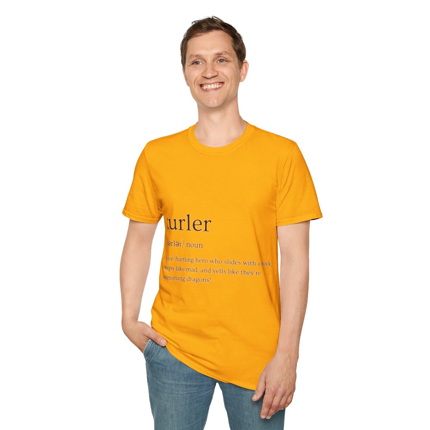 Unisex Softstyle Curling T-Shirt – Ice-Battling Hero Design | 100% Ring-Spun Cotton, Lightweight & Comfortable