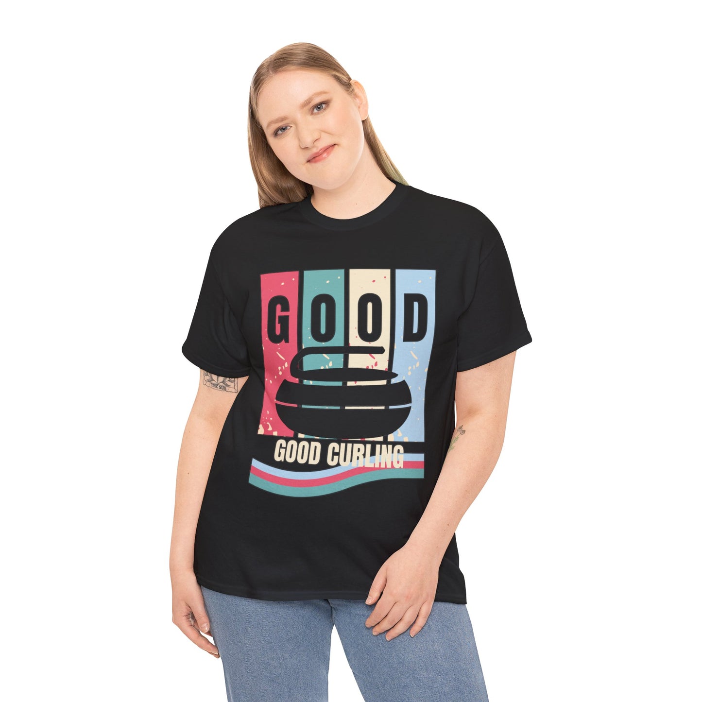 Unisex Heavy Cotton T-Shirt – Retro 4-Color Curling Pattern | Durable & Stylish Graphic Tee