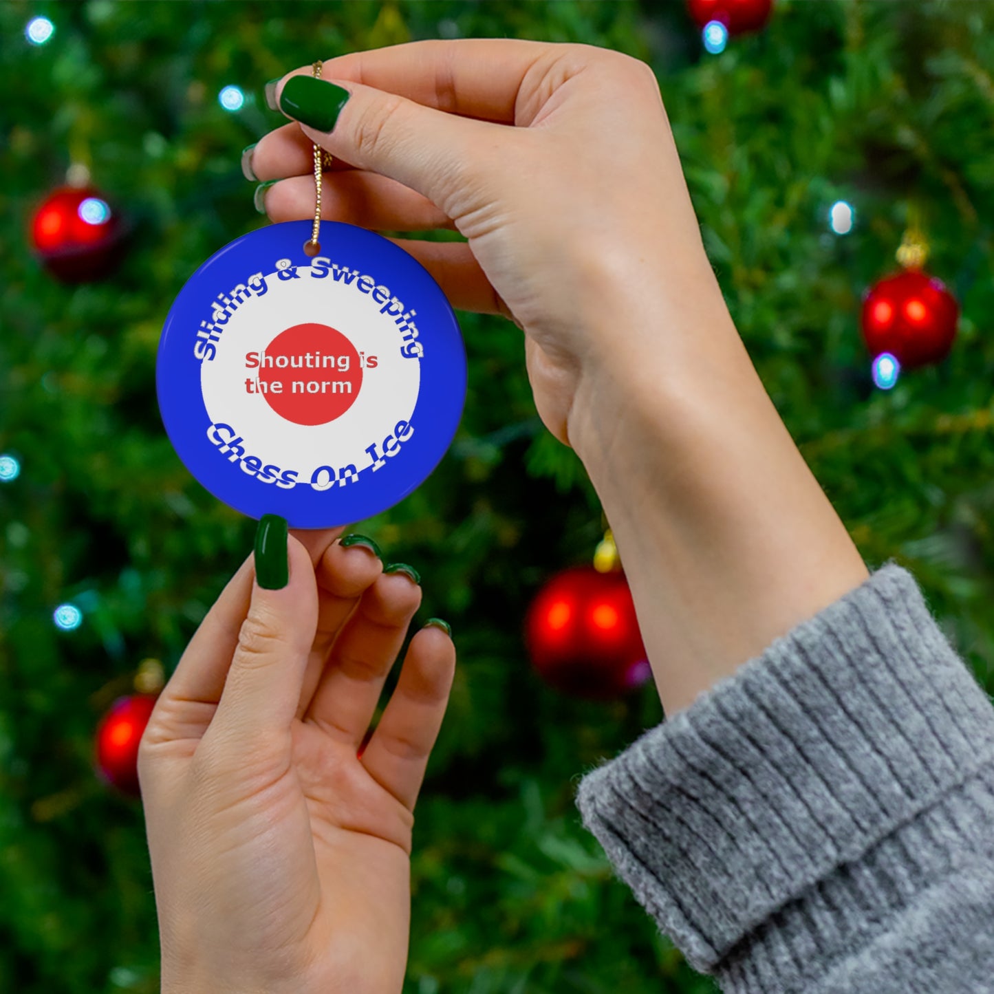 Curling Chess on ice Ceramic Round Christmas Ornament