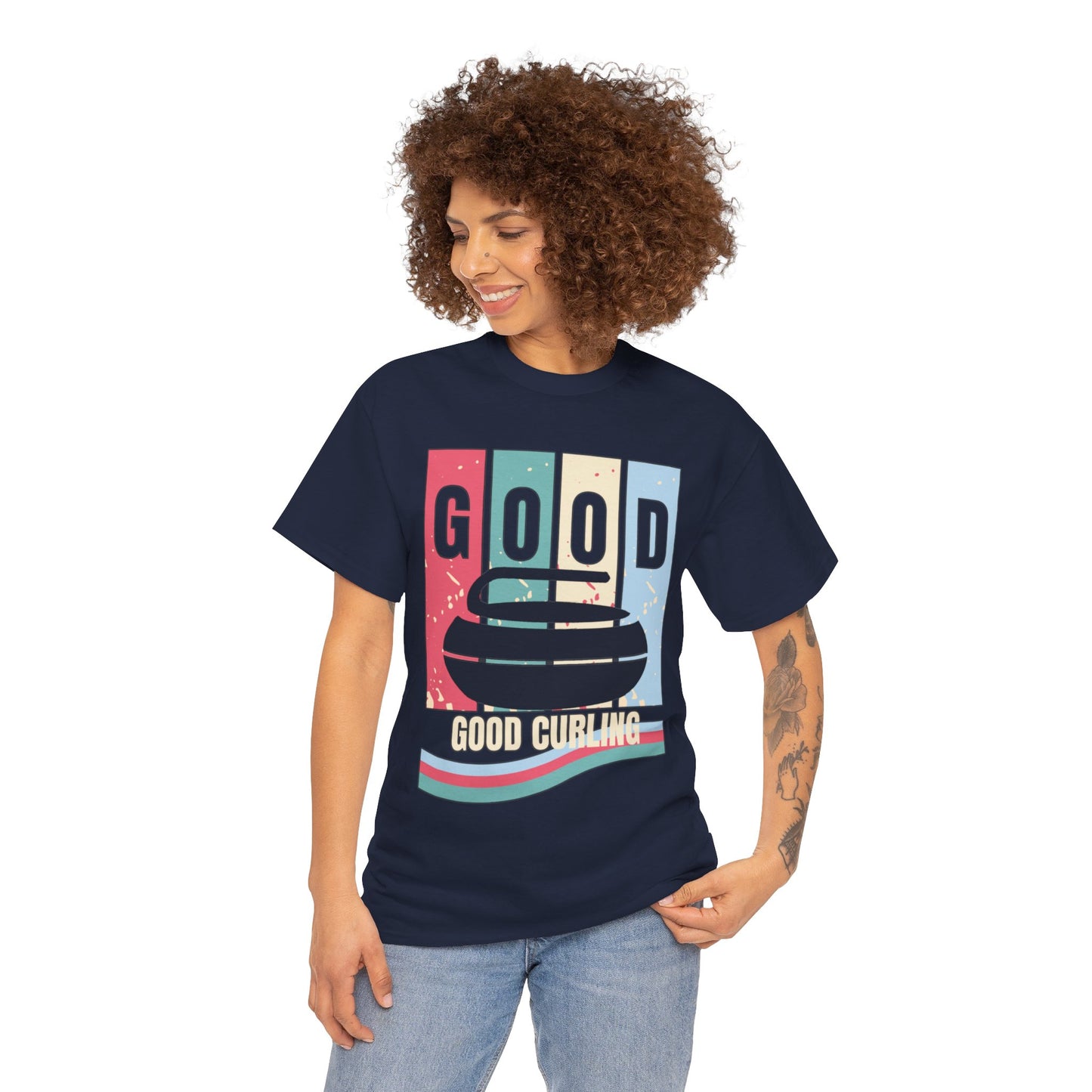 Unisex Heavy Cotton T-Shirt – Retro 4-Color Curling Pattern | Durable & Stylish Graphic Tee
