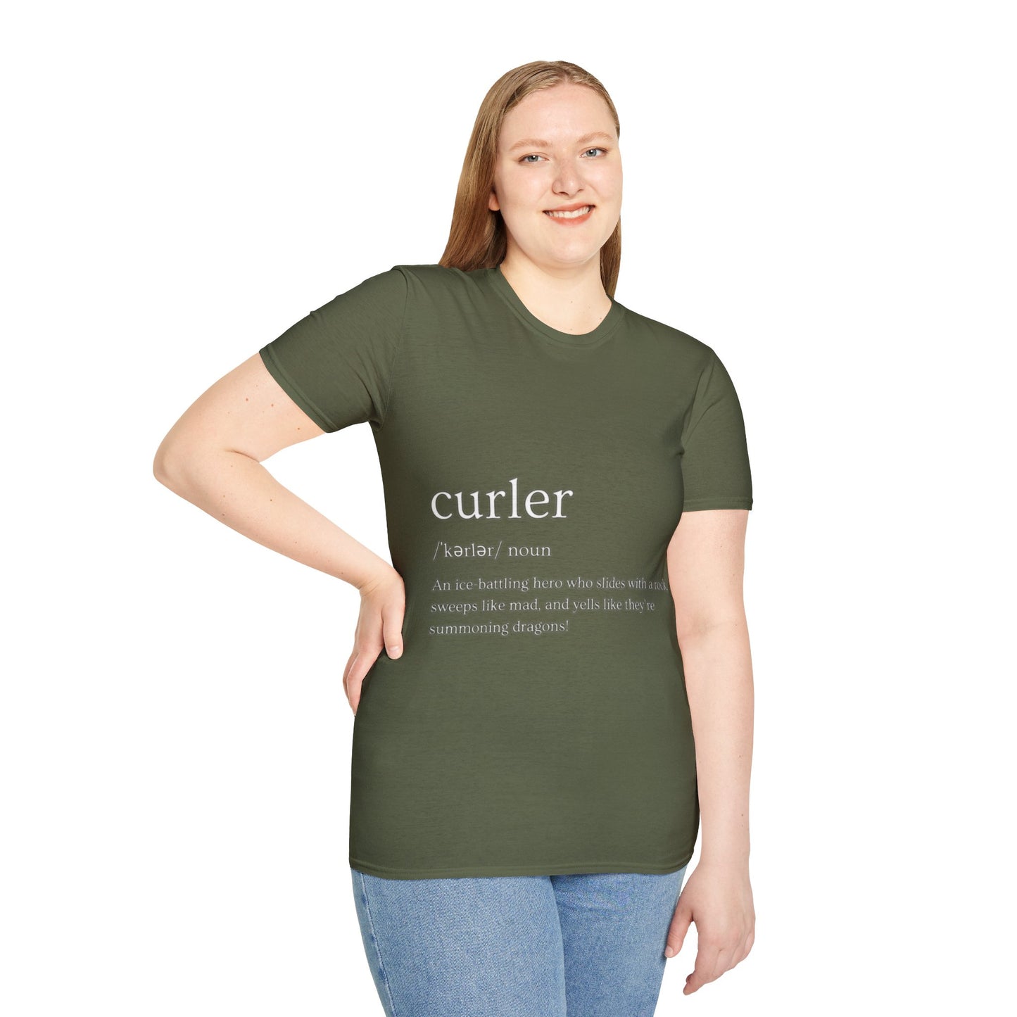 Unisex Softstyle Curling T-Shirt – Ice-Battling Hero Design | 100% Ring-Spun Cotton, Lightweight & Comfortable