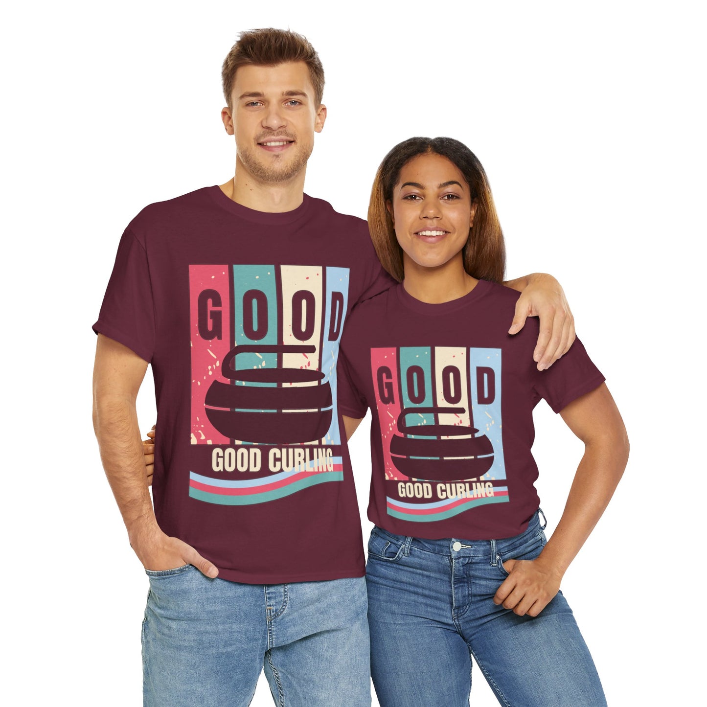 Unisex Heavy Cotton T-Shirt – Retro 4-Color Curling Pattern | Durable & Stylish Graphic Tee