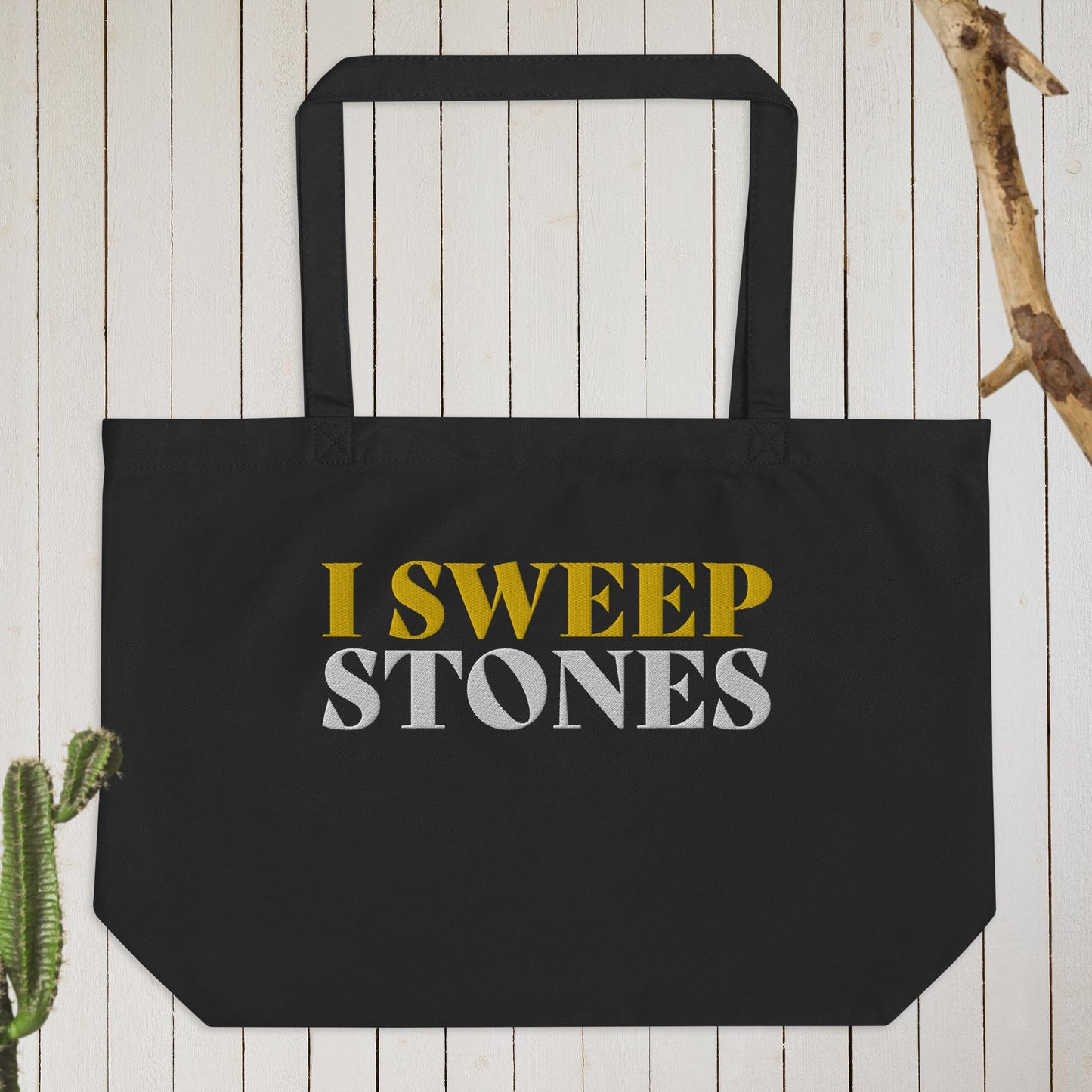 Large Organic Cotton Tote Bag – 20″ × 14″ × 5″ with ‘I SWEEP STONES’ Embroidery | Durable, Eco-Friendly & Spacious