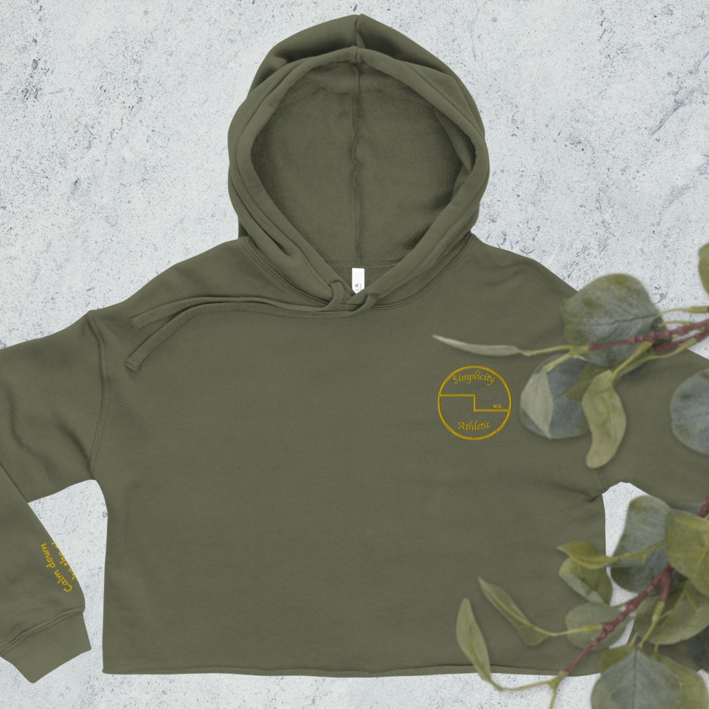 Military Green Hoodie Front with sleeve embroidery