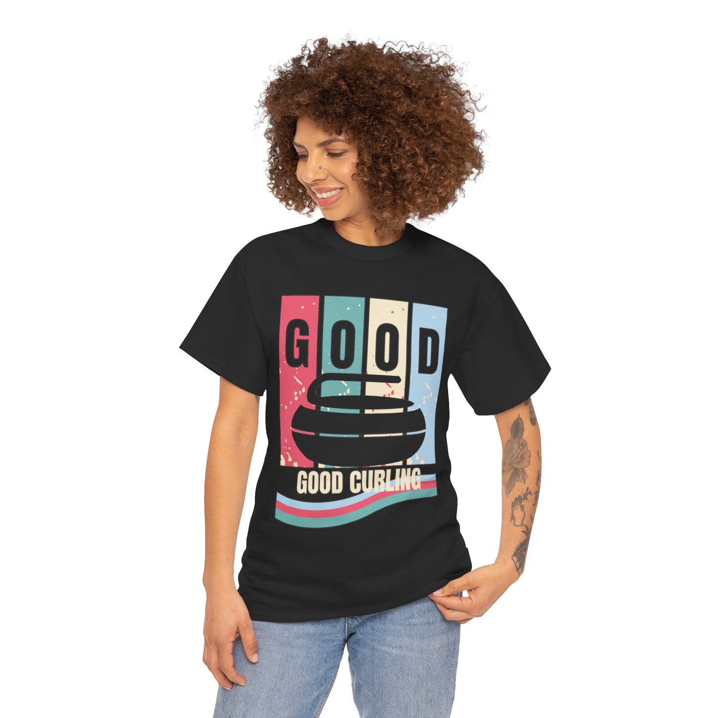 Unisex Heavy Cotton T-Shirt – Retro 4-Color Curling Pattern | Durable & Stylish Graphic Tee