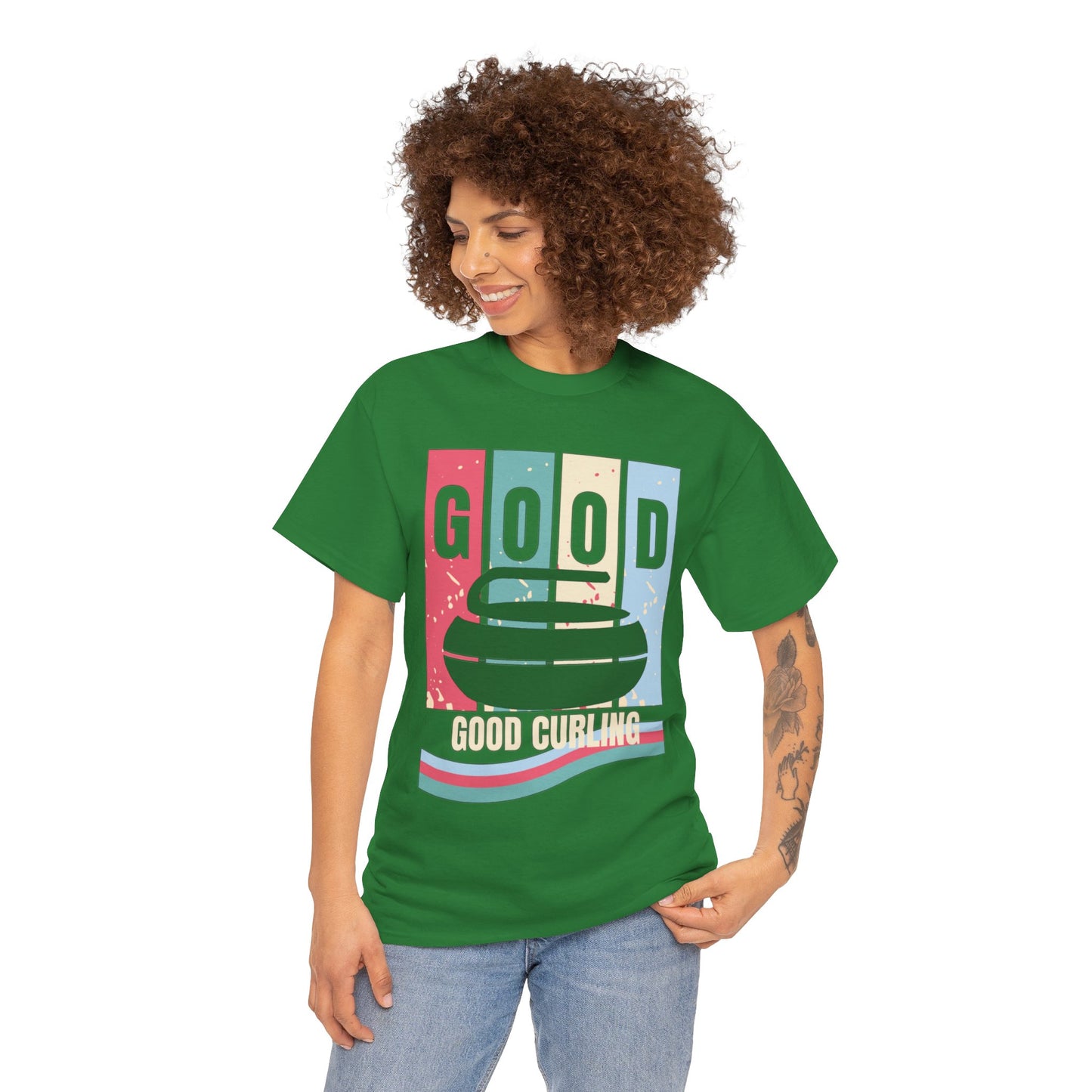 Unisex Heavy Cotton T-Shirt – Retro 4-Color Curling Pattern | Durable & Stylish Graphic Tee