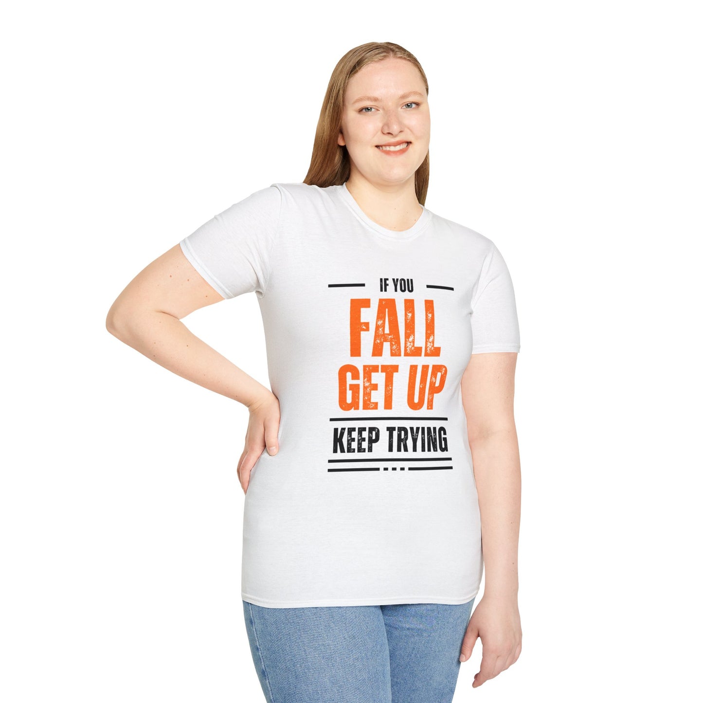Motivational Typography "If You Fall, Get Up, Keep Trying" T-Shirt – Light Weight 100% Ring-Spun Cotton