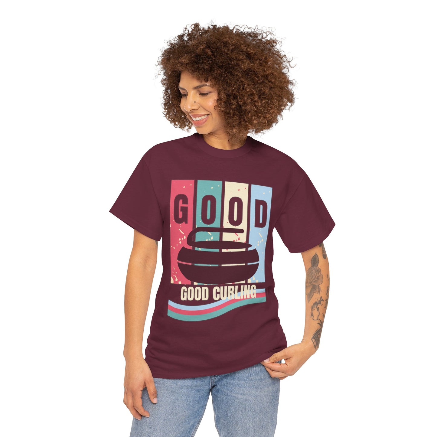Unisex Heavy Cotton T-Shirt – Retro 4-Color Curling Pattern | Durable & Stylish Graphic Tee